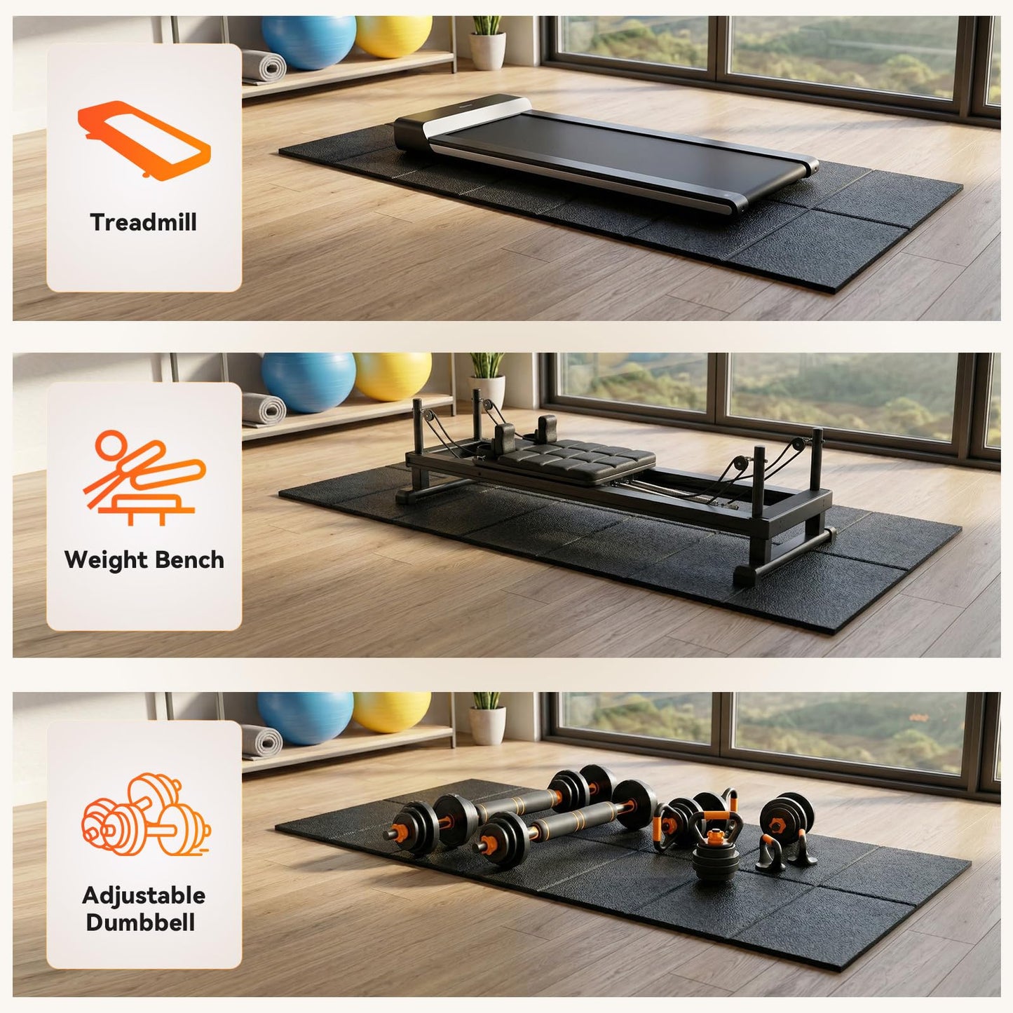Treadmill Mat for Carpet & Hard Floors, 68" x 24" Foldable Floor Extra Thick Protection Mat, Non-Slip Noise & Shock Absorbing for Walking Pad, Exercise Bike, Elliptical, Home Gym Equipment