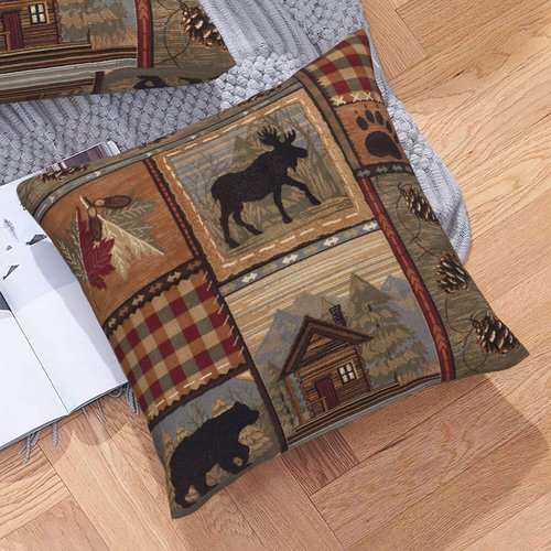 DATANSEN Set of 4 Square 18x18 inch Retro Brown Throw Pillow Covers Rustic Lodge Bear Moose Decorative Throw Pillowcase for Home Sofa Thick Cotton Linen Cushion Cases (45x45 cm) Paw Prints Cabin