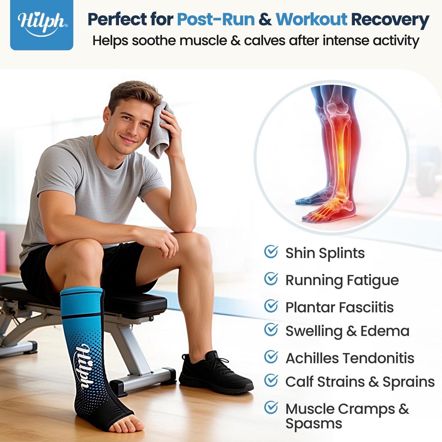 Hilph Full Calf & Foot Ice Pack Wrap for Running Recovery, Extended Leg to Foot Cold Compression Therapy Sock Ice Sleeve for Shin Splints Pain Relief, Reduce Swelling, Muscle Recovery After Exercise