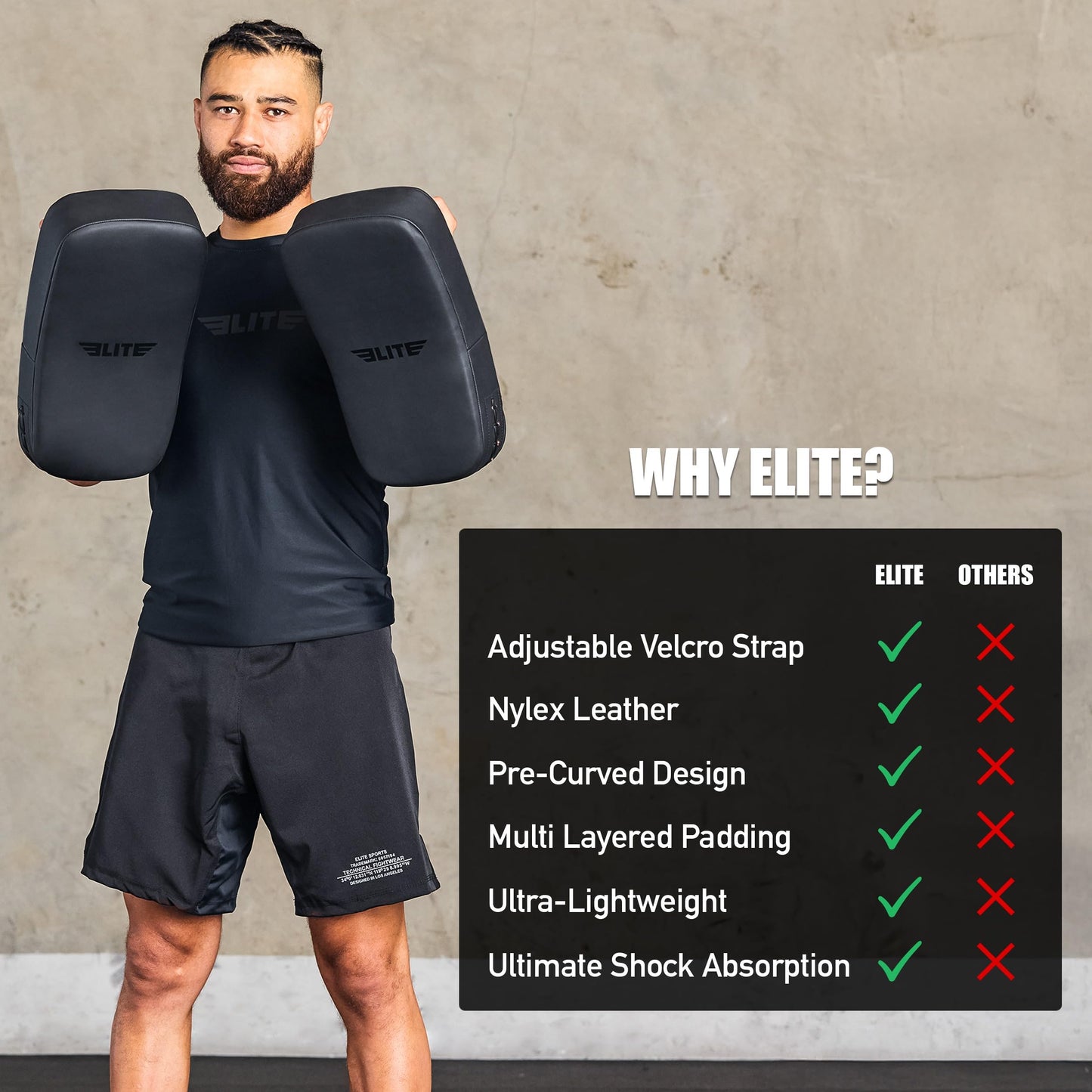 Elite Sports Muay Thai Kickboxing Training Pad for Kickboxing,MMA,Taekwondo,Karate. Ideal for Punches,Knees, and Kicks in Martial Arts Training (Solid Black)