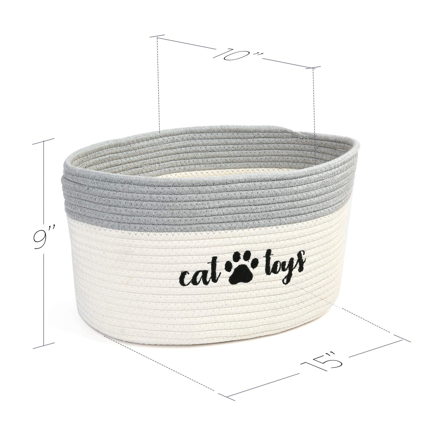 PrimePets Cat Toy Basket, Cotton Rope Storage Basket with Handles, Small Woven Pet Box Bin for Blankets, 15x10x9 inch Cat Holder Container, White and Grey