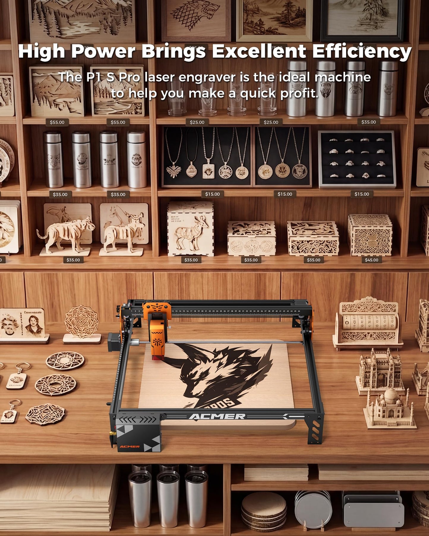 ACMER P1 S Pro 10W (10000mW) Laser Cutter ＆ Engraver Machine,with 380×370mm Large Working Area, WiFi Control, Engraves and Cuts Wood, Acrylic, Leather, Glass, Metal for DIY, Crafts & Small Business