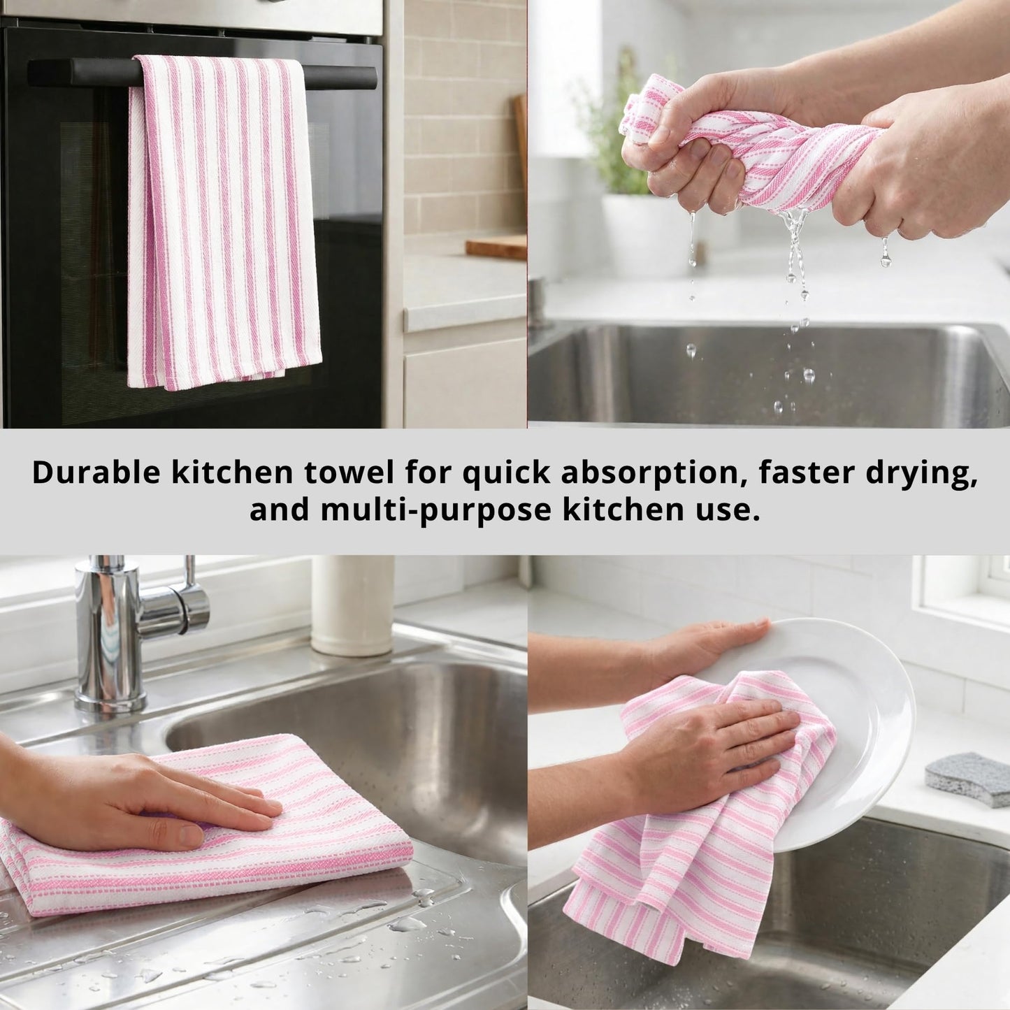 PurpleEssences Stripe Kitchen Towels - Set of 6, 18x28 Inch - 100% Cotton, Absorbent & Reusable Dish Towels with Hanging Loop French-Inspired Style - Spring Easter Summer - Pink