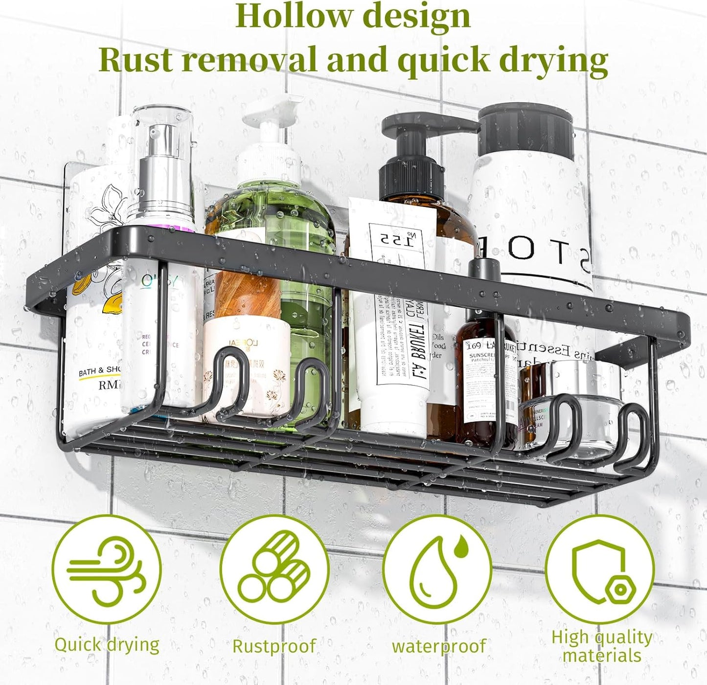 Rustproof Stainless Steel Shower Caddy by [Brand Name] - 5 Pack Adhesive Bathroom Organizers | Large Capacity, No Drilling, Black