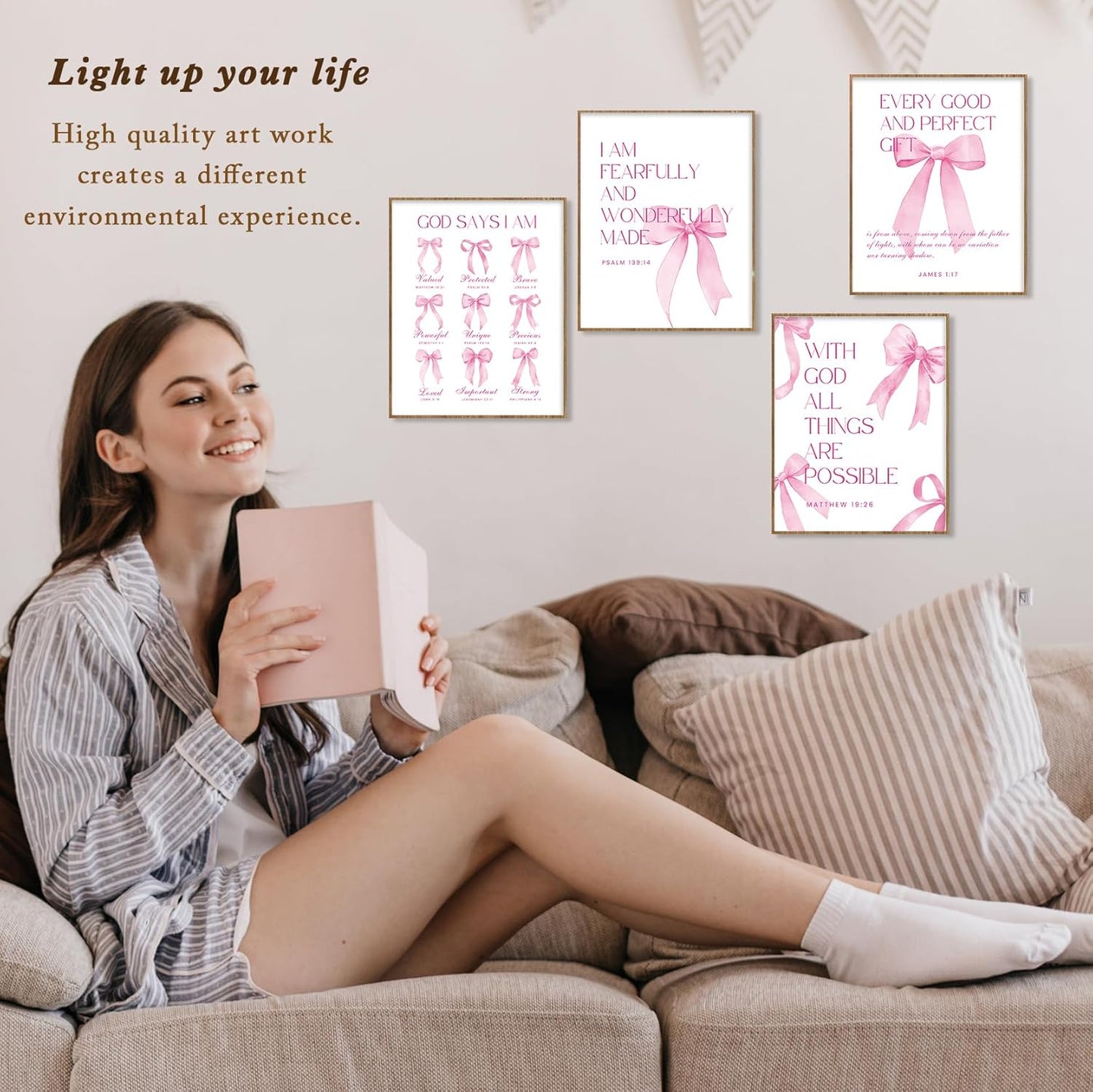 Shescrzionu 4 PCS Coquette Room Decor - Pink Bow Aesthetic Wall Art for College Girls | 10x8 Inch Set
