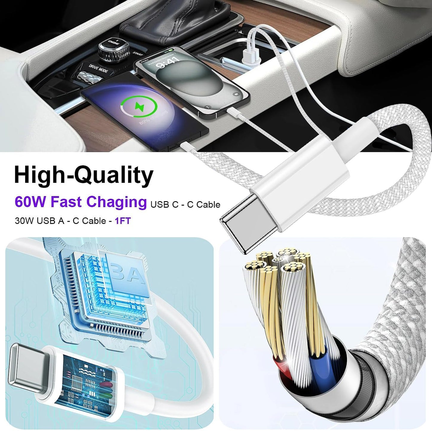 16 15 3FT, 1FT 1FT 15 16 12.9/11-3Pack Car Carplay Cable for iPhone Pro Max Car Charger Short USB A to USB C Cable