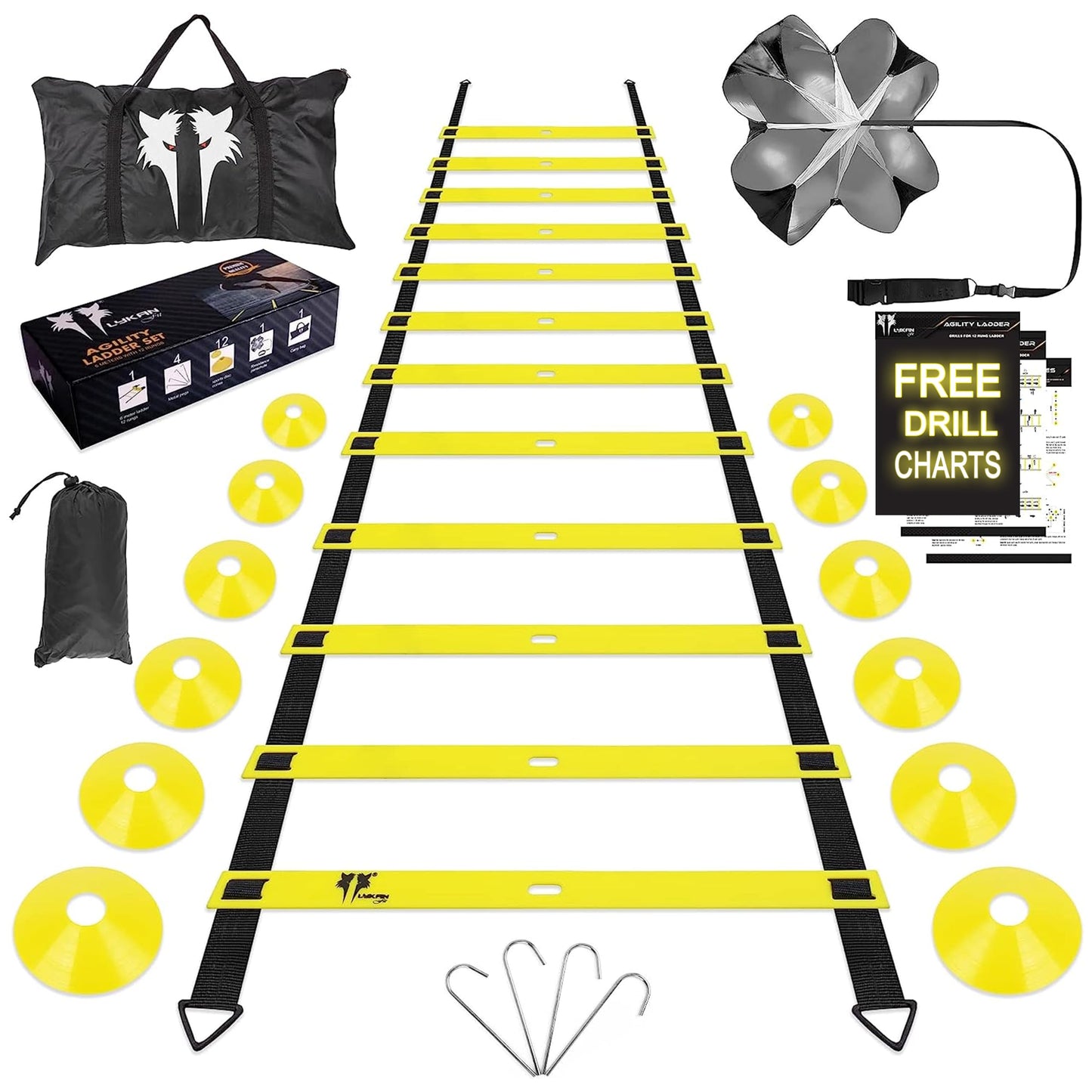 LYKAN FIT 20ft Sports Agility Ladder for Men Women and Kids, Speed Youth Soccer Agility Training Equipment for Football, Exercise, Tennis, Legs Workout with Speed Parachute and Carry Bag