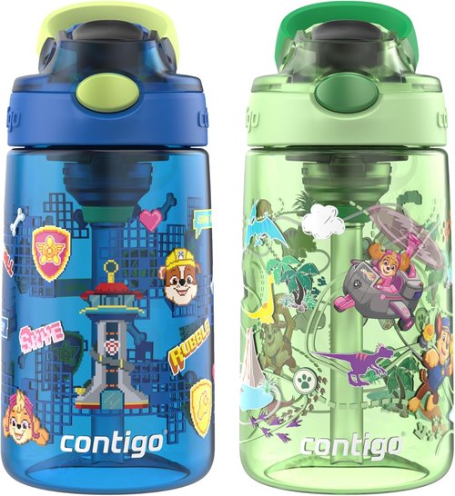 Contigo Aubrey Water Bottles - Leak-Proof & Spill-Proof 2-Pack, 14oz, Power Pups & Dino Treks, Green/Blue