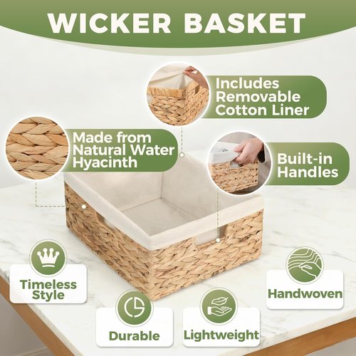 Natural Water Hyacinth Wicker Shelf Storage Baskets - Large 15” x 12” x 6” Organizers with Handles & Cotton Liner