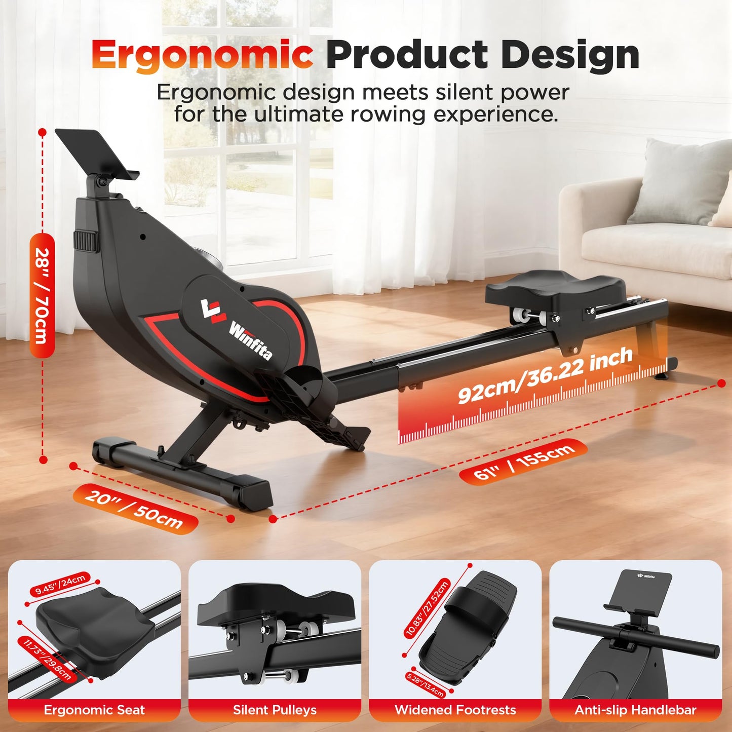 Winfita Rowing Machines for Home Use, Compact Rower Machine with 350 LBS Capacity,32-Level Self-Powered Resistance Knob with Real-Time Data Tracking, Dual Rail, Ergonomic Seat, App Support