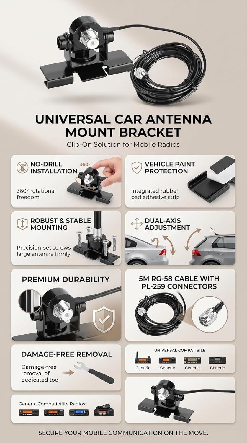 VGEBY 360 Car Antenna Mount Bracket, Degree Adjusting Angle Radio Antenna Mount Bas for Mobile Radio Car Clip Mount