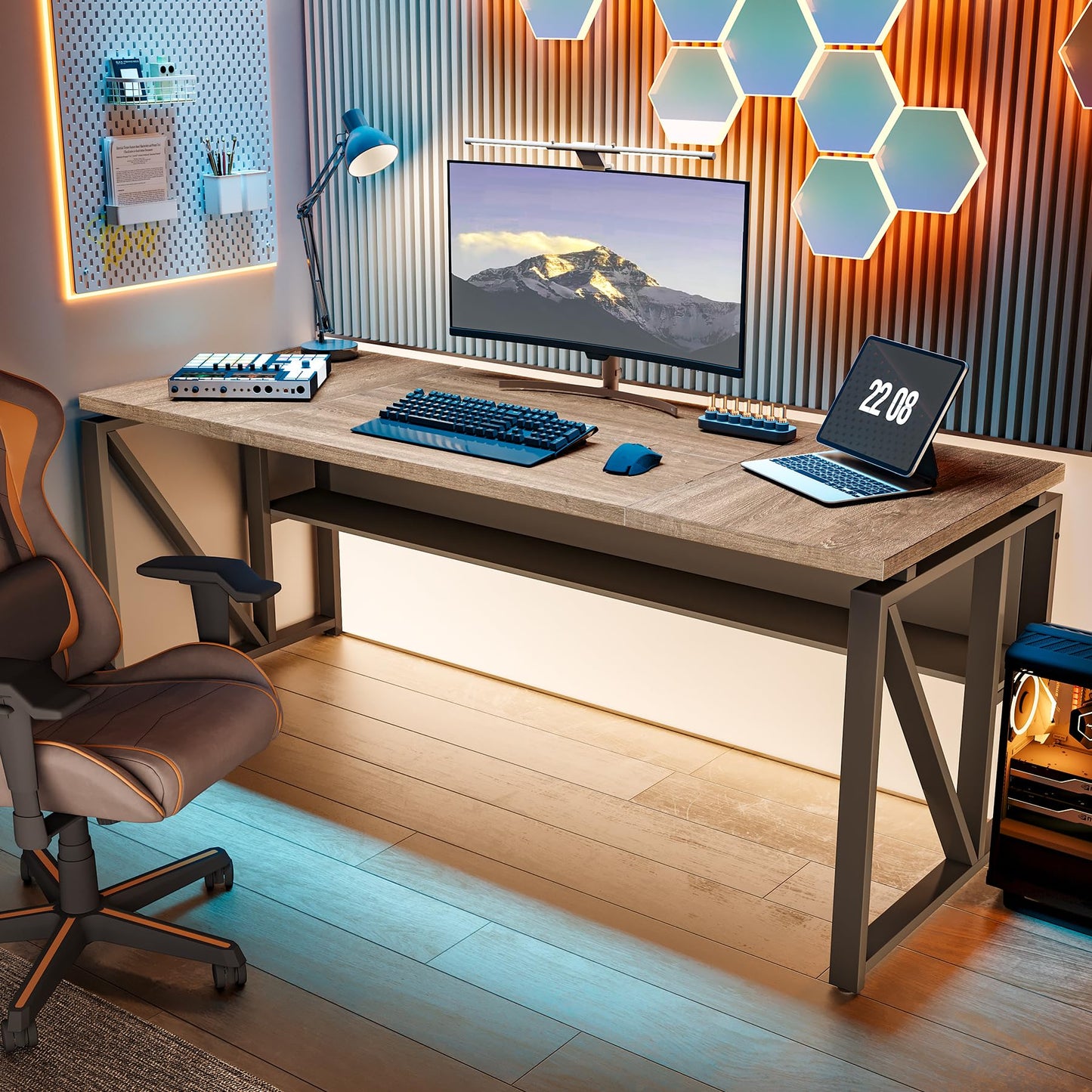 LITTLE TREE 63-Inch Executive Office Desk, Large Computer Desk with Storage Shelf, Executive Desk with Metal Frame, Study Writing Desk Work Station for Home Office, Grey + Black