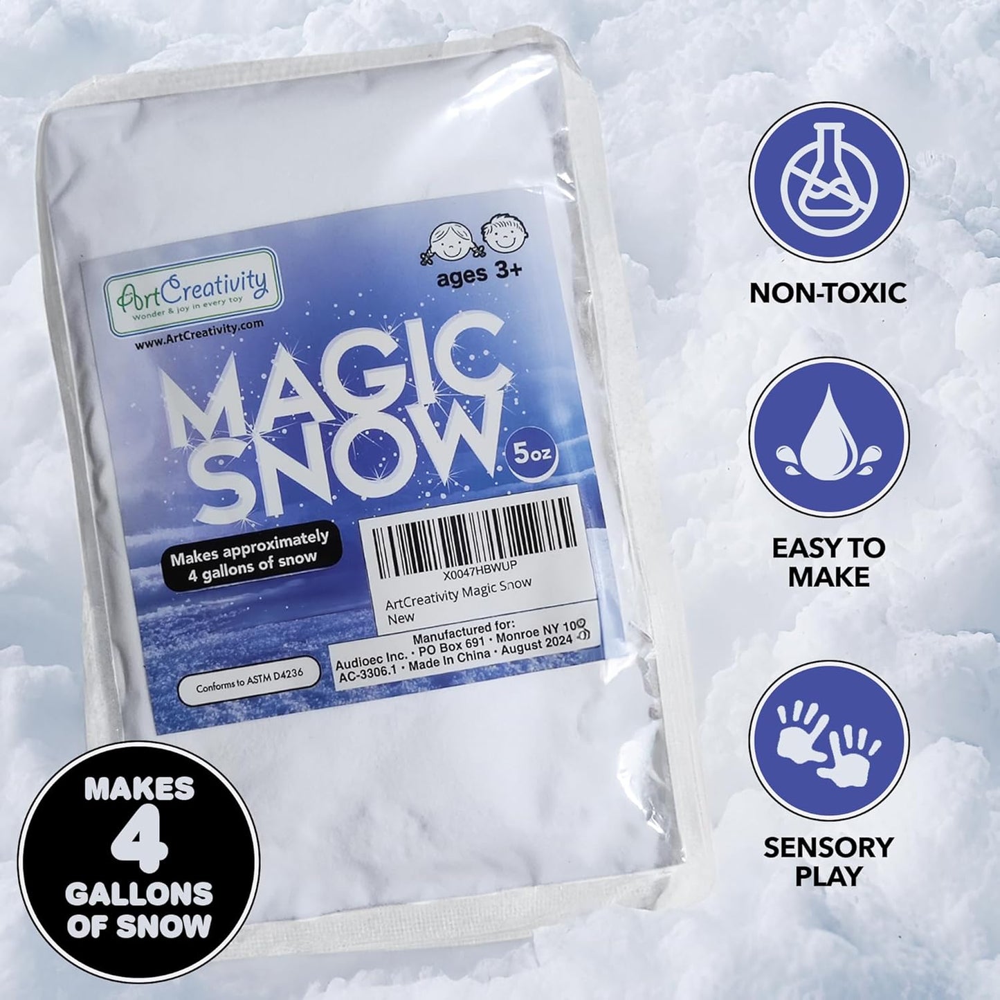 ArtCreativity Instant Snow Powder - Create 4 Gallons of Realistic Fake Snow | Perfect for Sensory Play & Holiday Fun