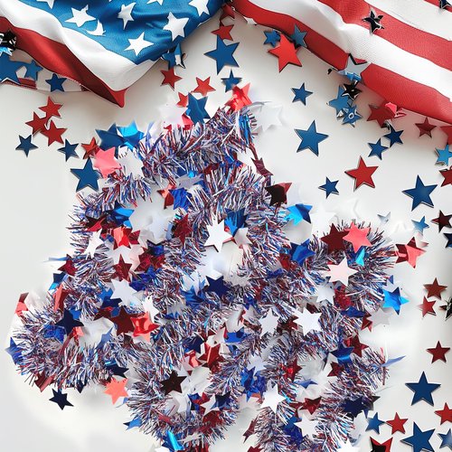 52 FT Patriotic Tinsel Garland, Memorial Day Decorations Red White and Blue Garland 4th of July Star Metallic Tinsel for Independence Day Home Car Bike Decor Accessories