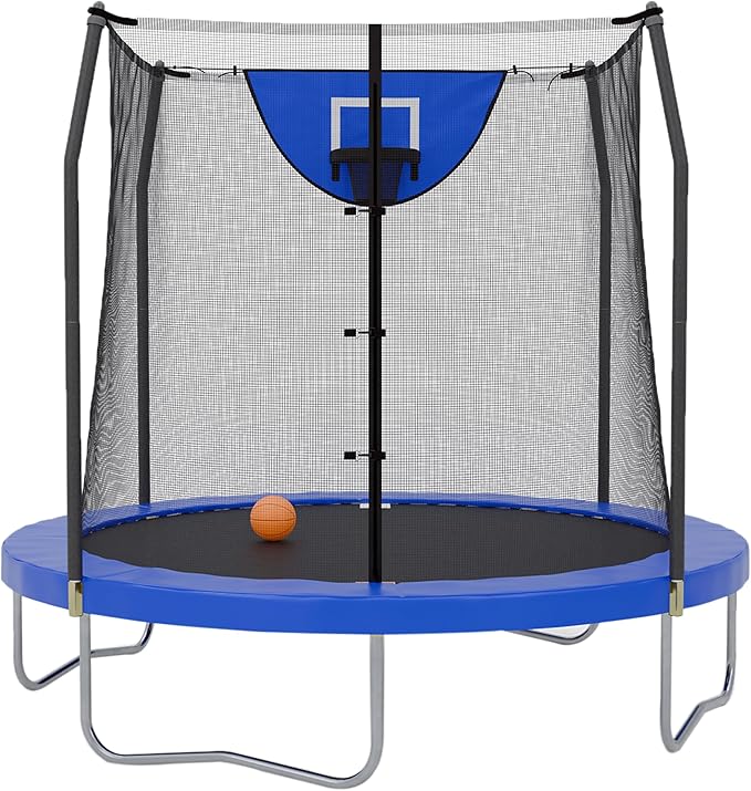 Skywalker Trampoline Outdoor 8 FT, 12 FT, 15 FT Jump N’ Dunk Round Outdoor Trampoline with Net, Trampoline Mat, and Basketball Hoop for Trampoline