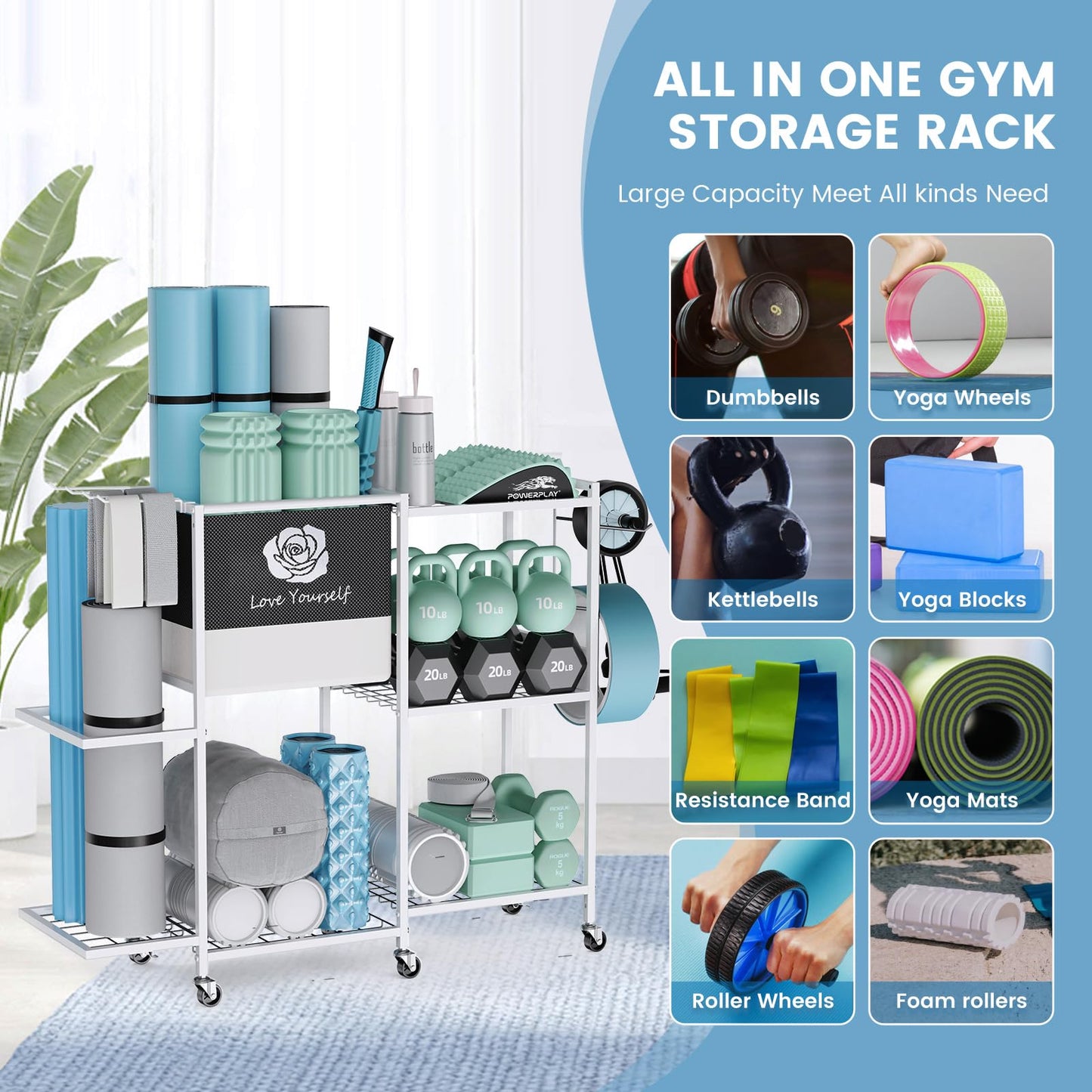 Yoga Mat Storage Rack，Home Gym Storage Rack Gym Workout Equipment Storage Organizeron Wheels for Yoga Mat,Yoga Block,Foam Roller and Workout Accessories (Beige)