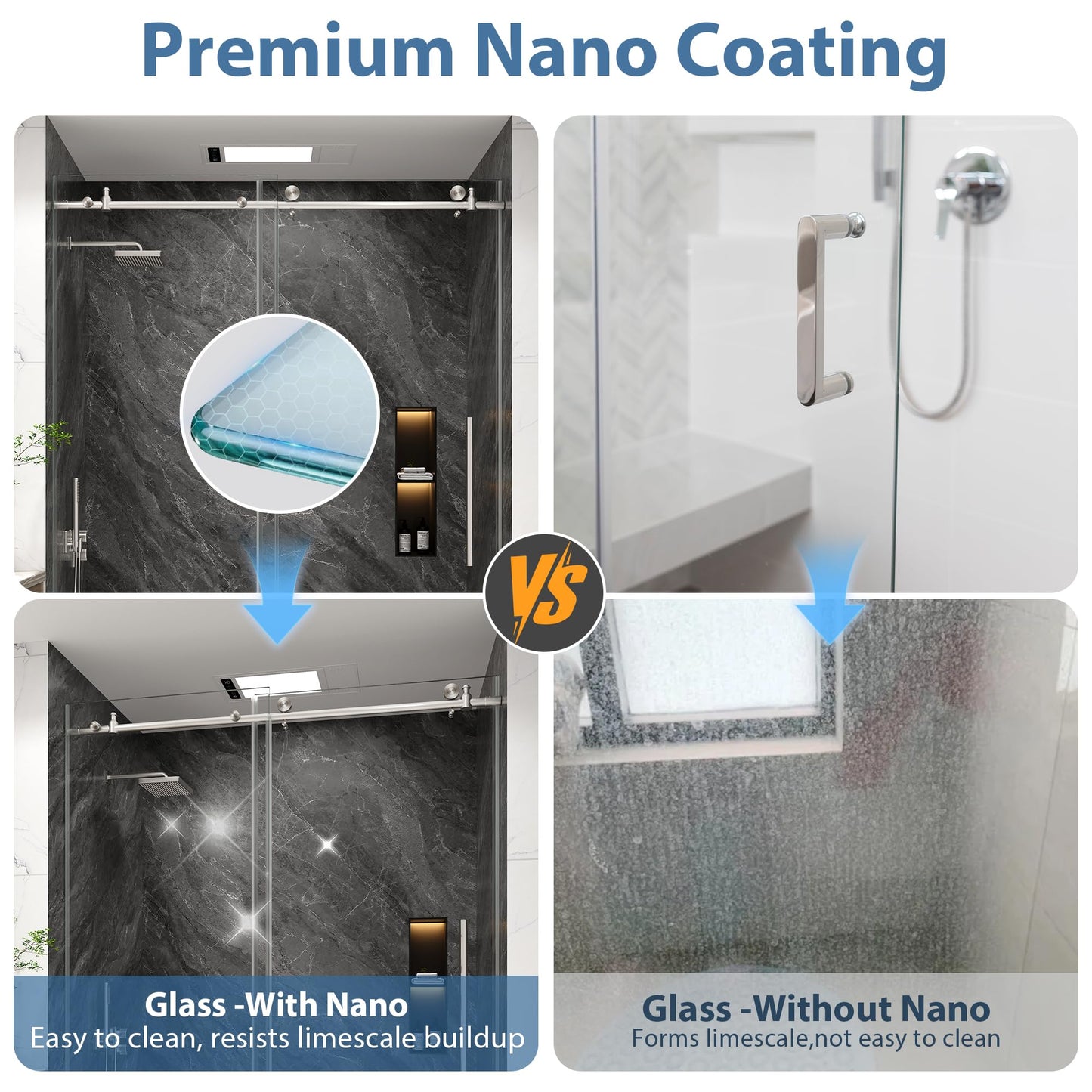 KPUY Frameless Shower Door, 43-48" W x 76" H Sliding Glass Shower Door, 1/4" (6mm) Thick Tempered Clear Glass with Explosion-Proof Film Nano Coating, Stainless Steel Hardware, Brushed Nickel