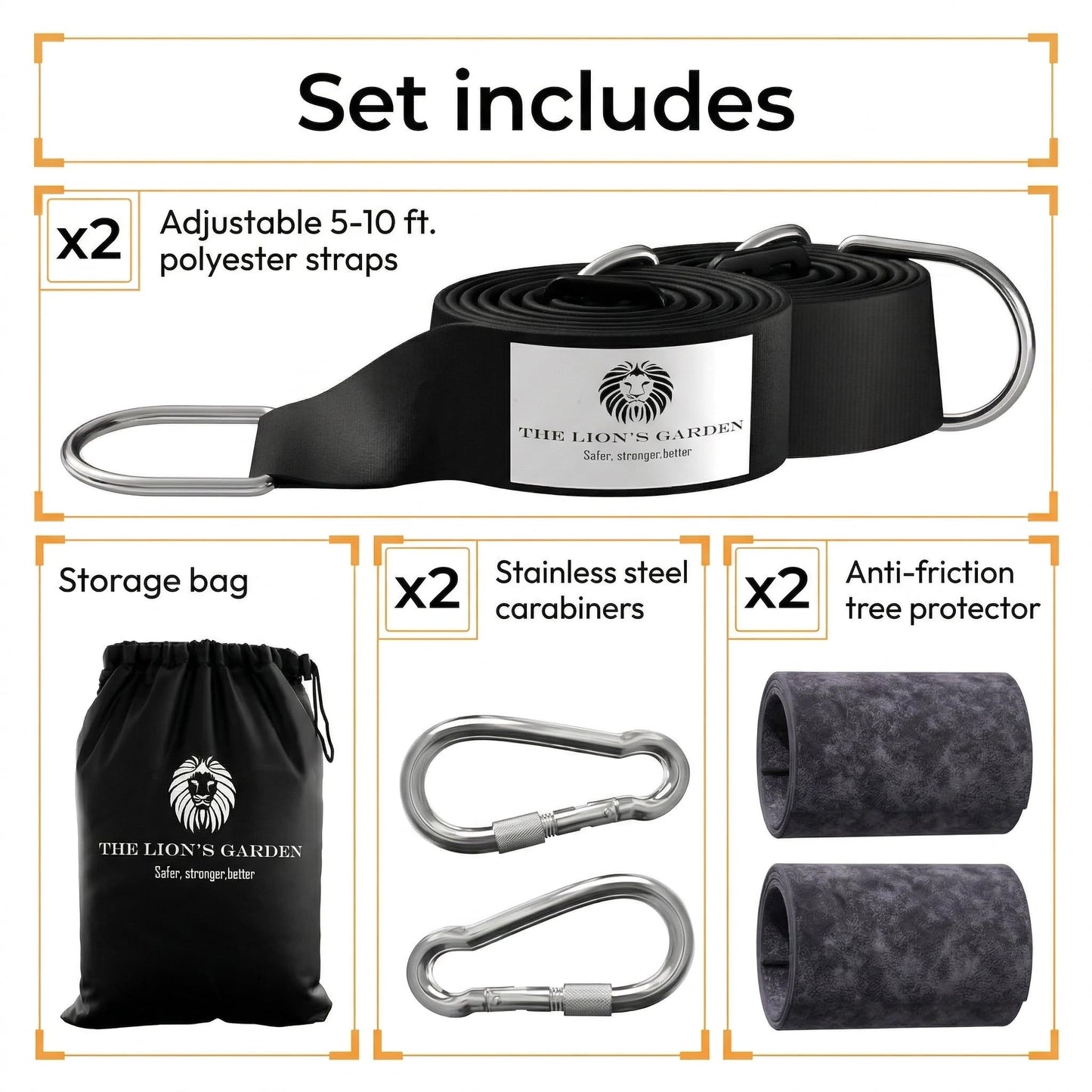 The Lion’s Garden Tree Swing Straps 2 Pack – Adjustable 5–10 ft Tree Swing Hanging Straps, Heavy Duty Hammock Straps for Trees with Carabiners & Tree Protectors Up to 3376 Lbs