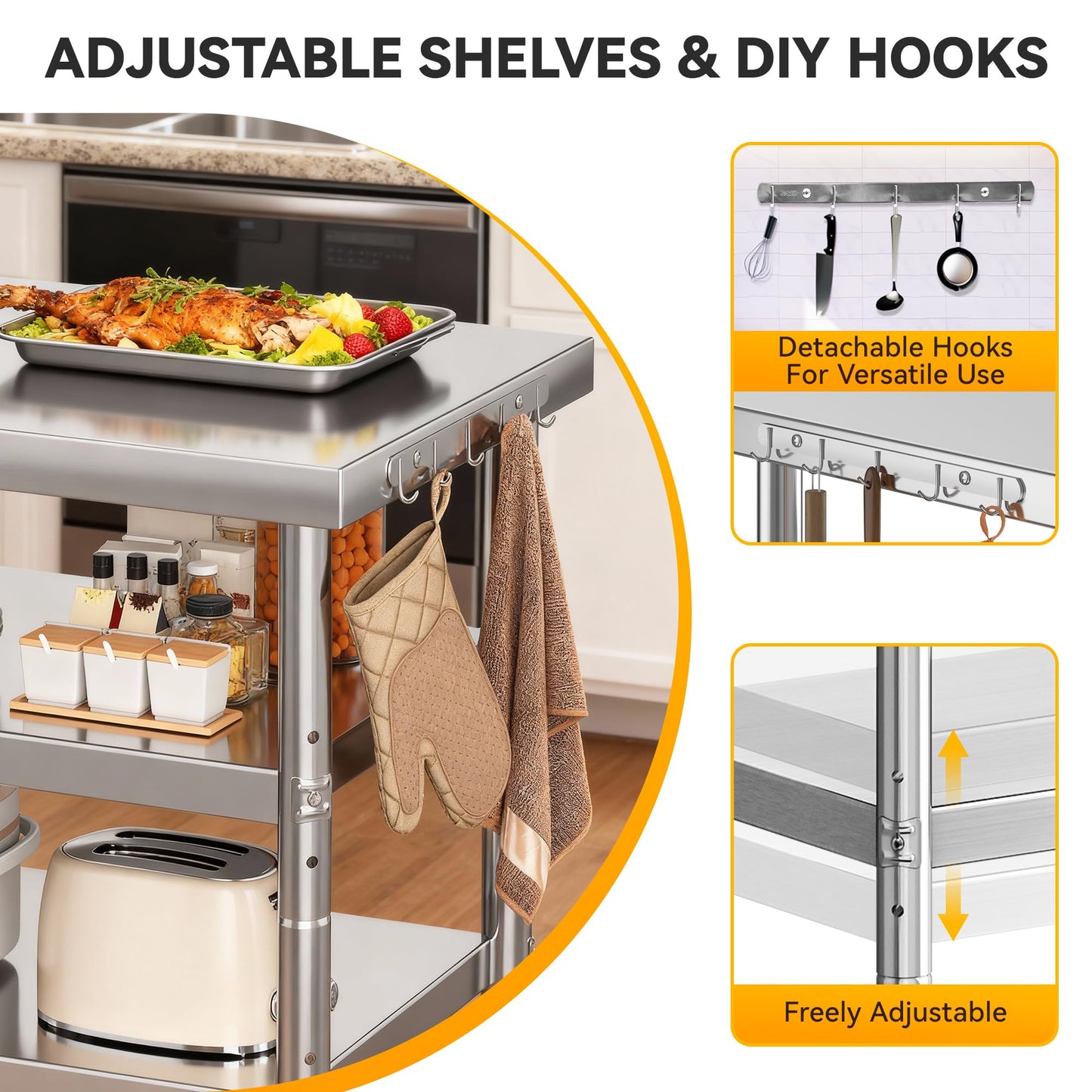 DWVO 36x24in Stainless Steel Table, NSF Metal Prep Worktable with 2 Adjustable Shelves & Wheels for Kitchen Restaurant Hotel Garage Warehouse Home