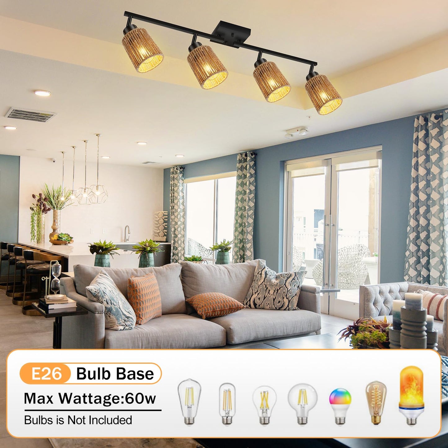 BoostArea 4 Light Track Lighting Kit, 4 Way Ceiling Spot Lighting with Handwoven Hemp Rope Lampshade, Flexibly Rotatable Light Head for Kitchen, Living Room, Bedroom, Bulb Not Included
