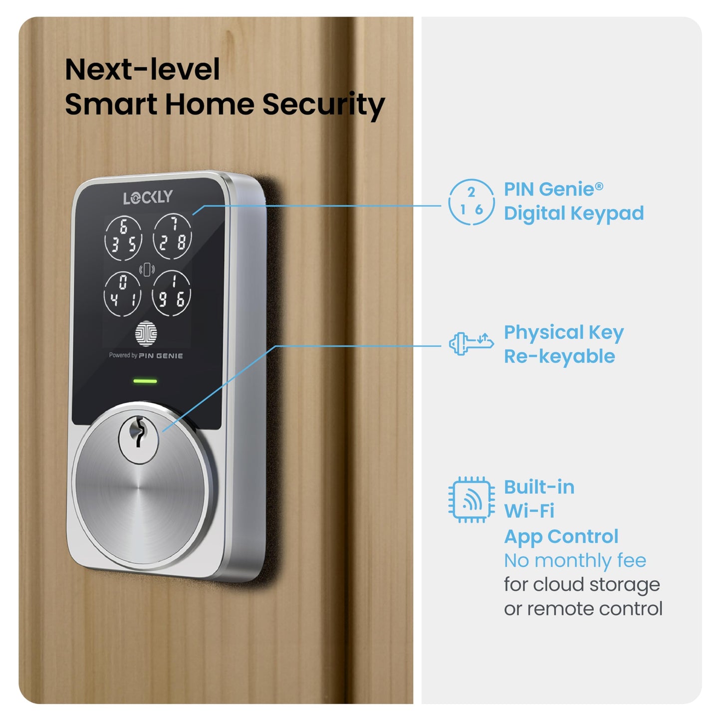 Lockly PIN Genie Pro Zeno Series Smart Lock, Keyless Entry Door Lock with Apple Home Key, Built-in Wi-Fi Keypad Deadbolt Locks for Front Door, App Remote Control, IP65 Weatherproof, Easy Installation