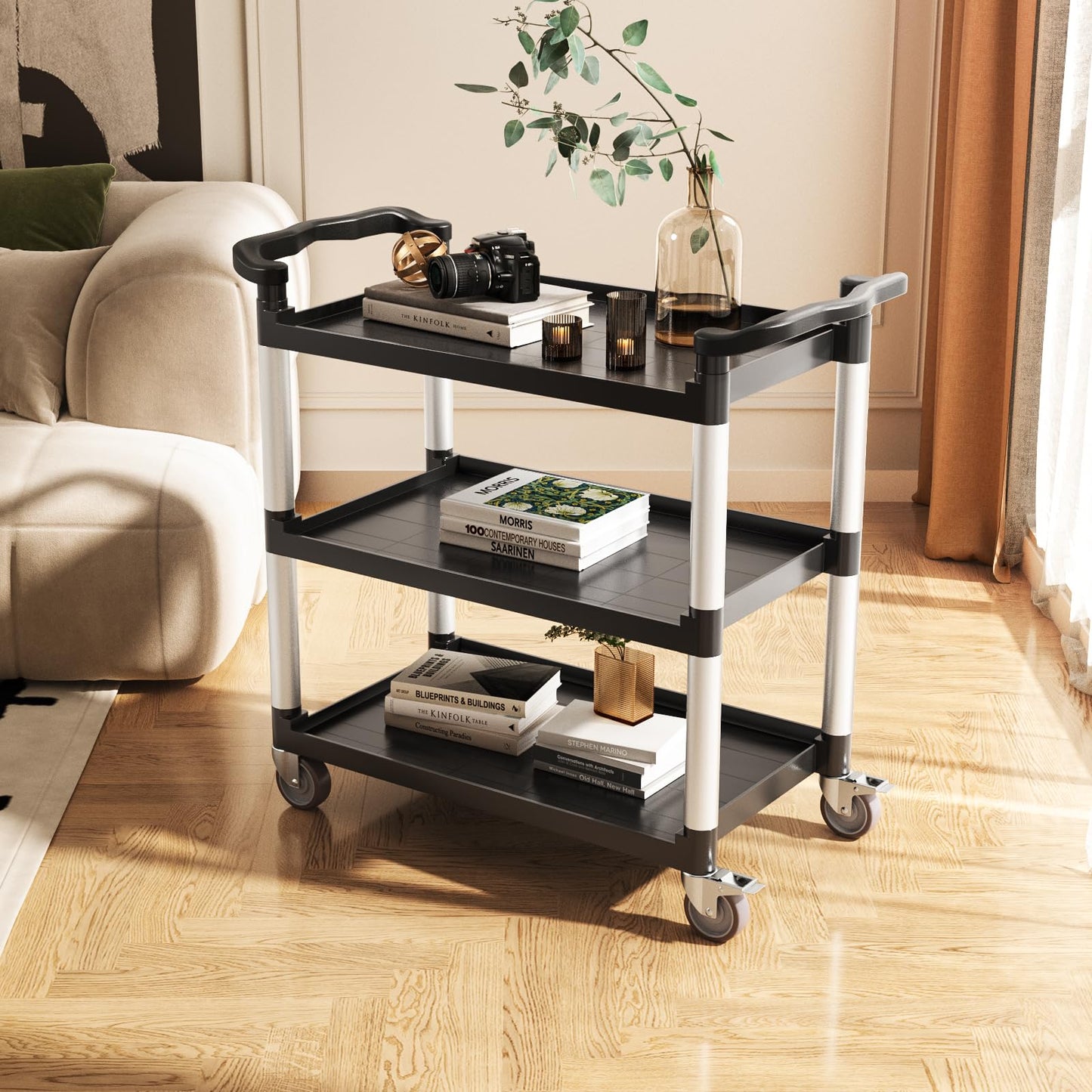 VEVOR Utility Cart, 330 lbs Load Capacity, 3-Tier Utility Plastic Cart with 360° Swivel Wheels (2 with Brakes), 31.1 x 19.3-inch Food Service Cart for Warehouse, Office, Home, Restaurant, Kitchen