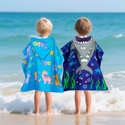 growell Hooded Kids Beach Towels - Toddler Bath Towel Girls Boys Swim Cover-ups for Ages 1 to 6 Kids Pool Towels Quick Dry Lightweight Soft Microfiber Poncho Towel 24x23 (Dinosaur Sky Blue)