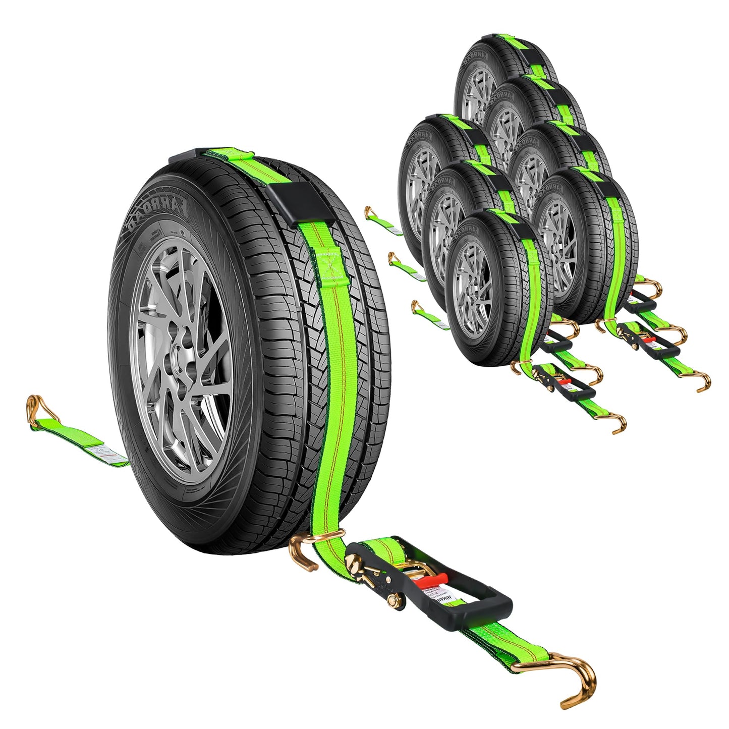 MIMANCHI 2" x 10' Tire Tie Down Straps Over The Wheel Ratchet,8PCS,Heavy Duty Vehicle Tie Down Kit,Auto Hauler Straps for Trailer w/ 3 Wire J Hooks and Rubber Blocks,Wheel Strap for Hauling Cars