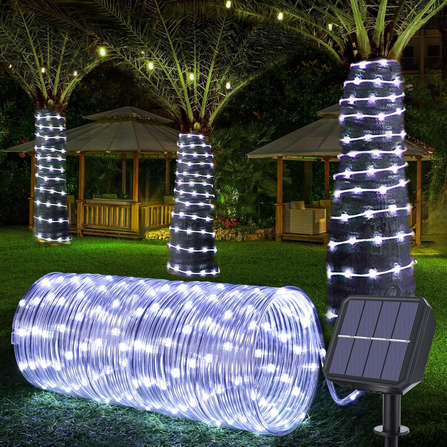Skiennix Solar String Lights - 66ft 200LED Waterproof Outdoor Lights with 8 Modes | Flexible Clear Tube for Garden, Patio, Deck, and Pool - White