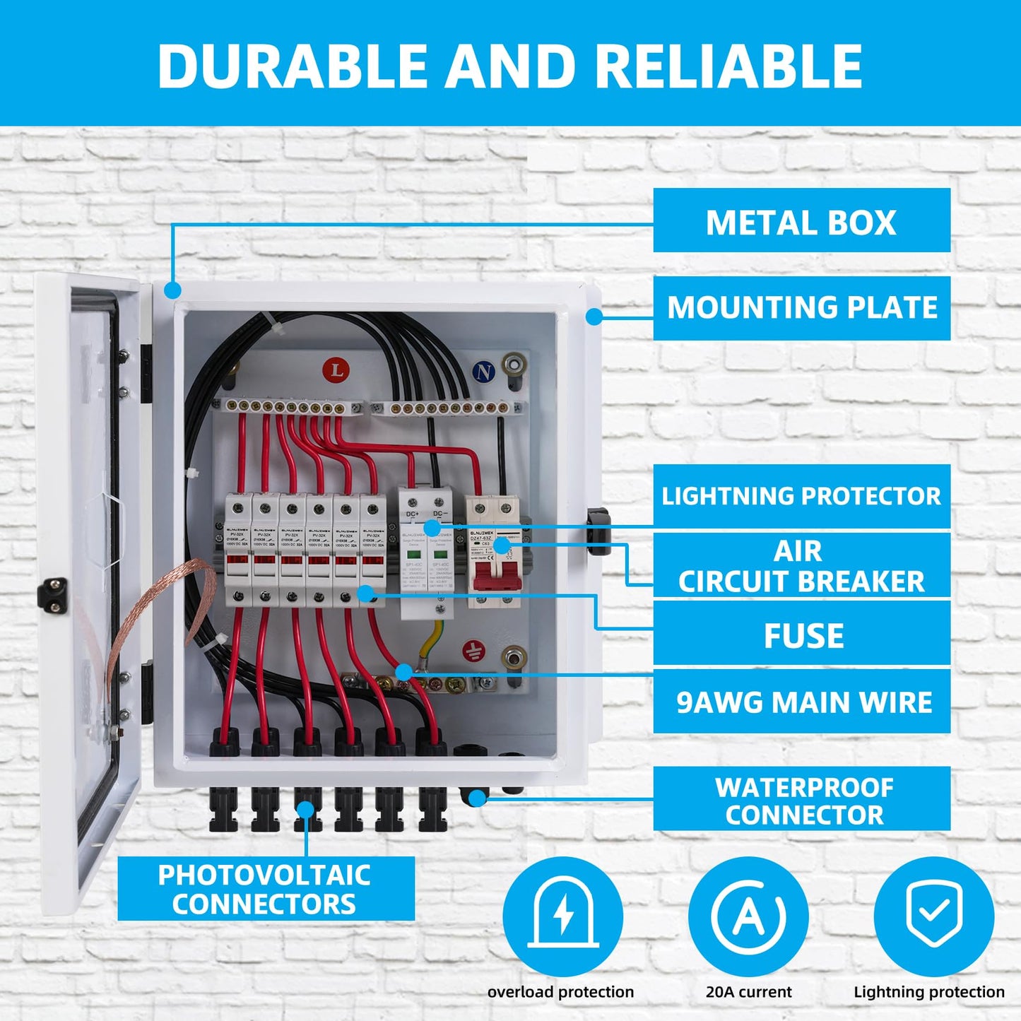 Elnuimex 6 String Metal Solar Combiner Box, PV Combiner Box with 20A Rated Current Fuse, Surge Protective Device & 63A Air Circuit Breaker (6 String)