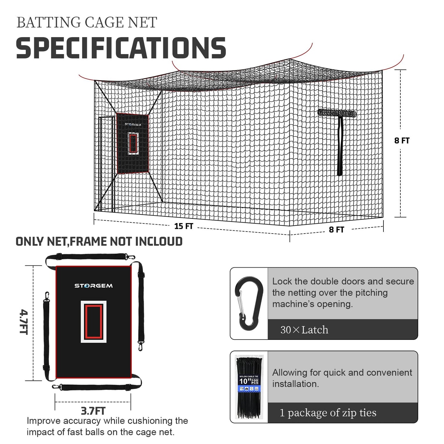 Storgem Baseball Batting Cage Net, Frame Not Include, 8' X 8' X 15' Baseball and Softball Cage Netting with Door, Target Cloth, Heavy Duty Enclosed Hitting Cage Net for Backyard and Indoor