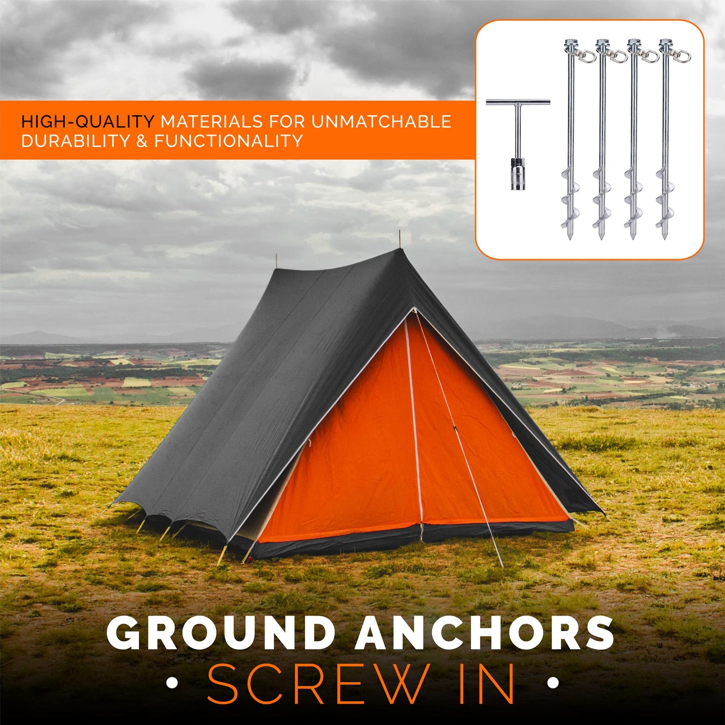MightyPhine Steel Screw Ground Anchors - Set of 4, 12 Inch, Silver, Metal - Tent Stakes, Trampoline Anchor Kit, Swing Set Anchors, High Wind Resistance