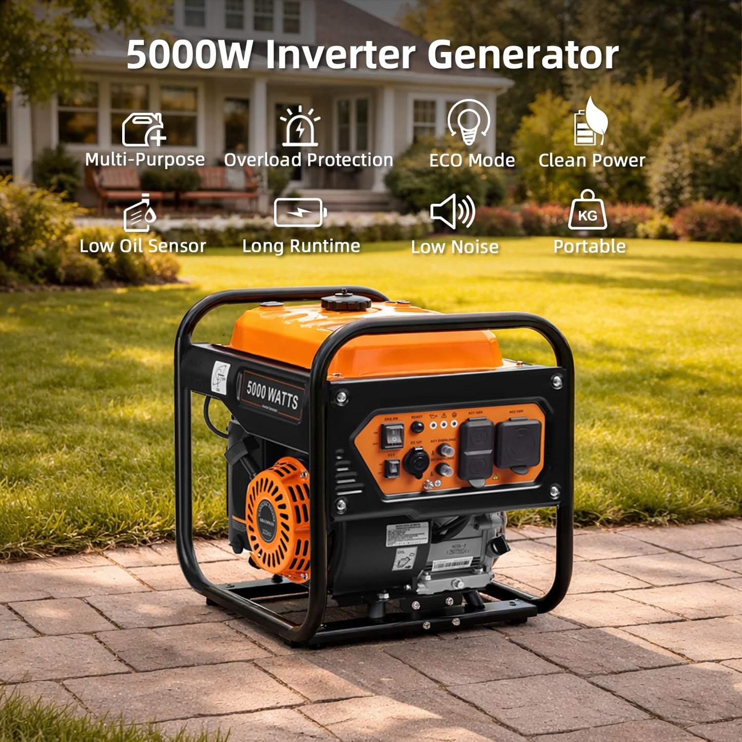 Oxseryn 5000-Watts Portable Inverter Generator, Gas Generator for Home Backup, 30A Outlet, RV Ready, ECO Mode, 60Lbs, EPA Compliment
