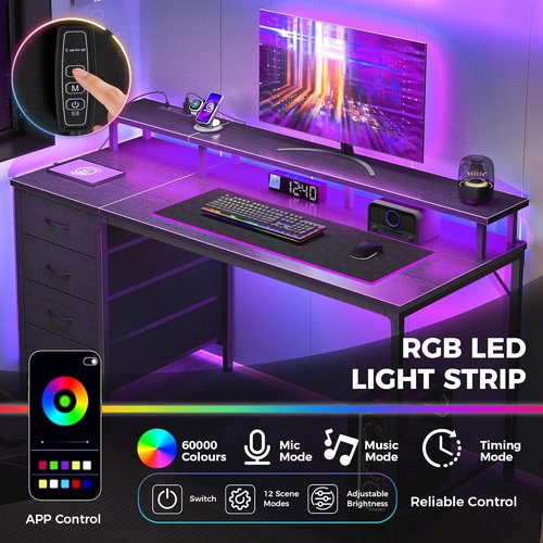 DUMOS 40-Inch Computer Desk - 4 Drawer Gaming Desk with Power Outlets & LED Lights | Black