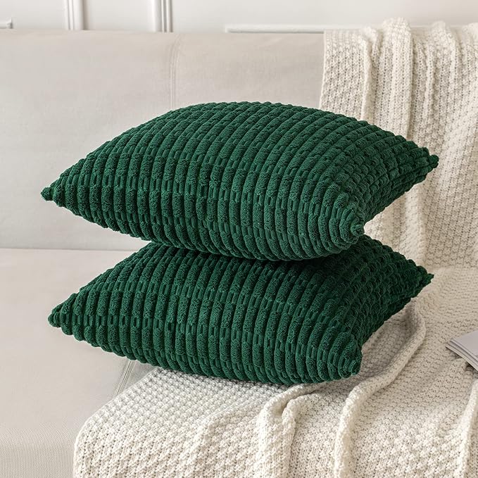 MIULEE Pack of 2 Dark Green Corduroy Decorative Pillow Covers 18x18 Inch Soft Boho Striped Throw Pillow Covers Modern Farmhouse Home Decor for Sofa Living Room Couch Bed