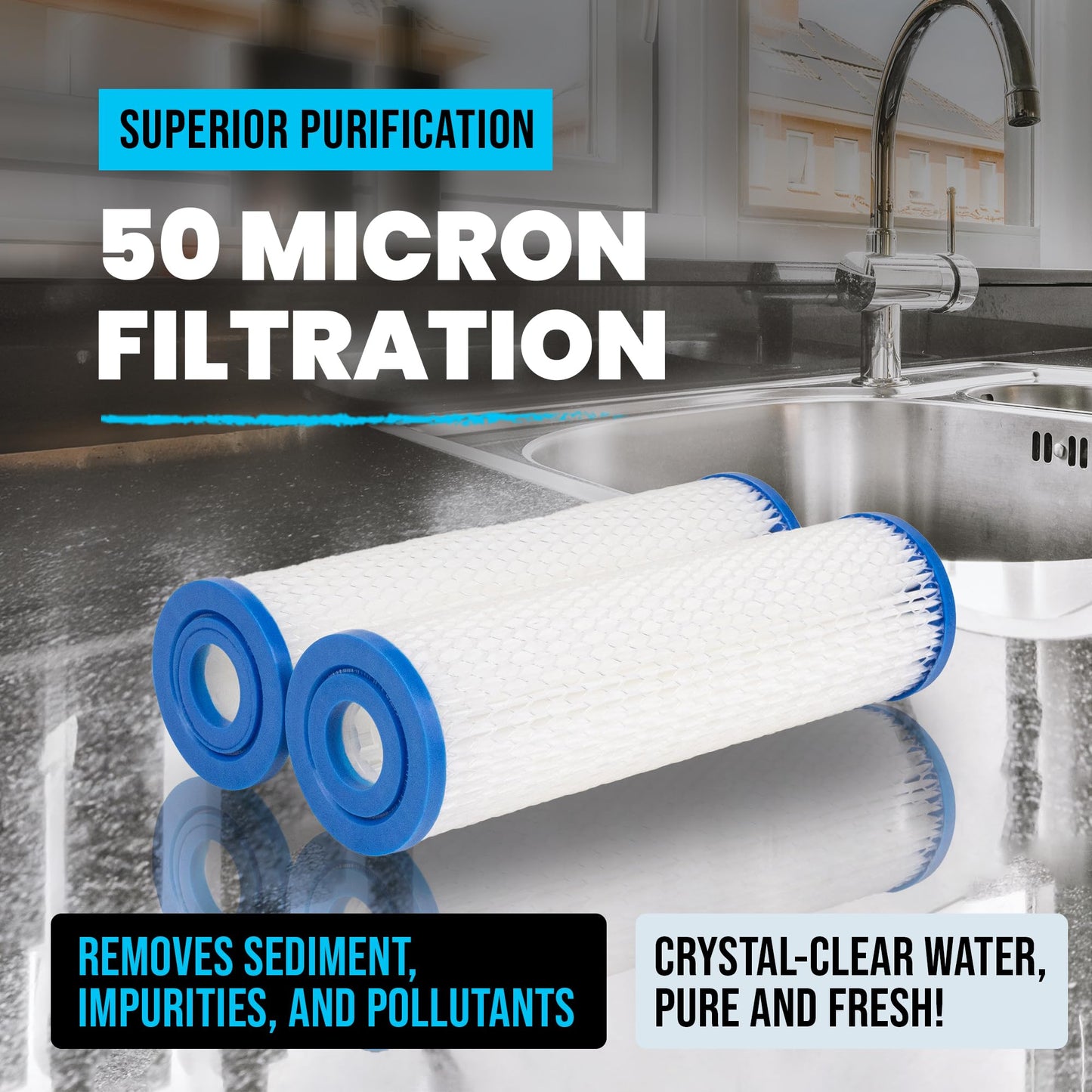 Cold Plunge Water Filter Cartridges, 50 Micron Sediment Filters for Ice Bath & Cold Plunge Tubs, Universal 10” x 2.5” Water Filter Replacements, Under Sink & Whole House Systems, 4-Pack
