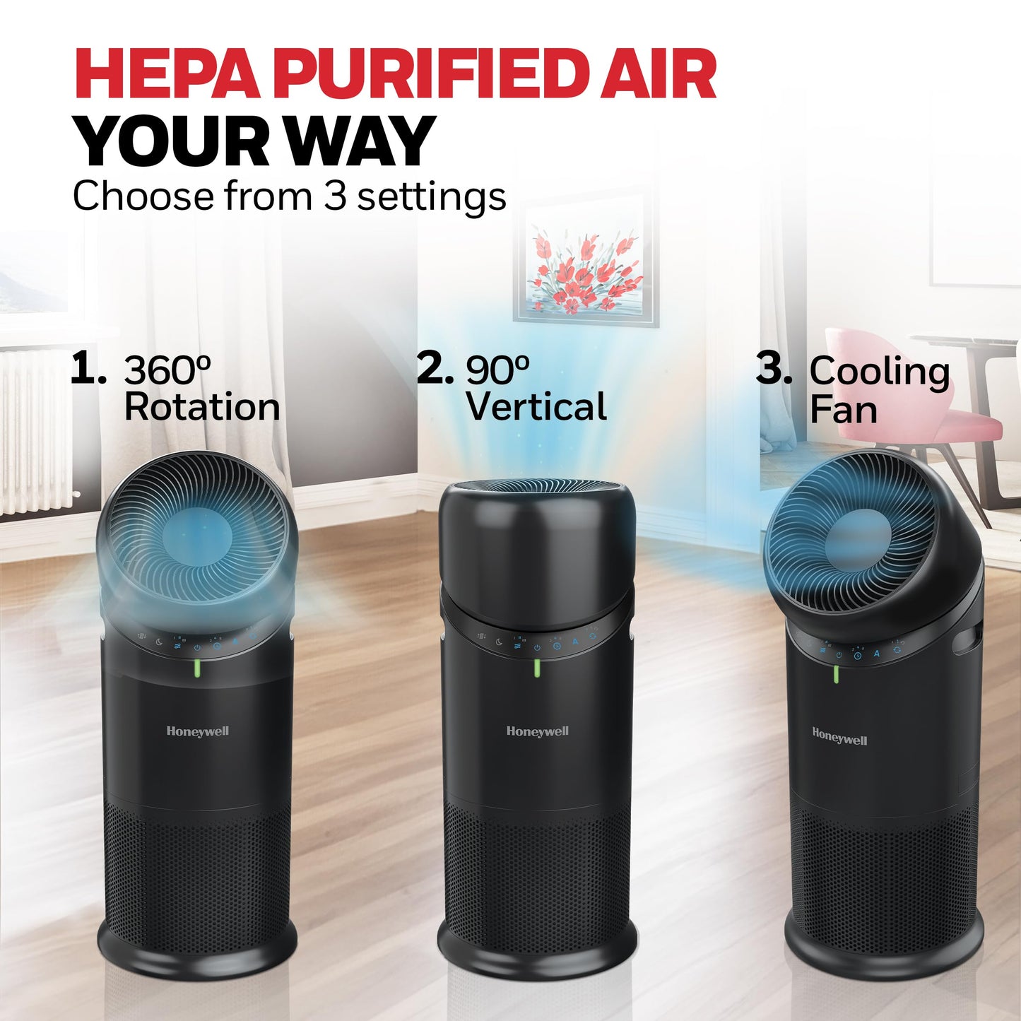 Honeywell Allergen Plus™ 3-in-1 HEPA Air Purifier for Home, Fan & Adjustable Airflow for Large Rooms up to 1928 Ft², Air Quality Sensor, Reduces Allergens, Pet Dander & Odors, Black, HPA6000B