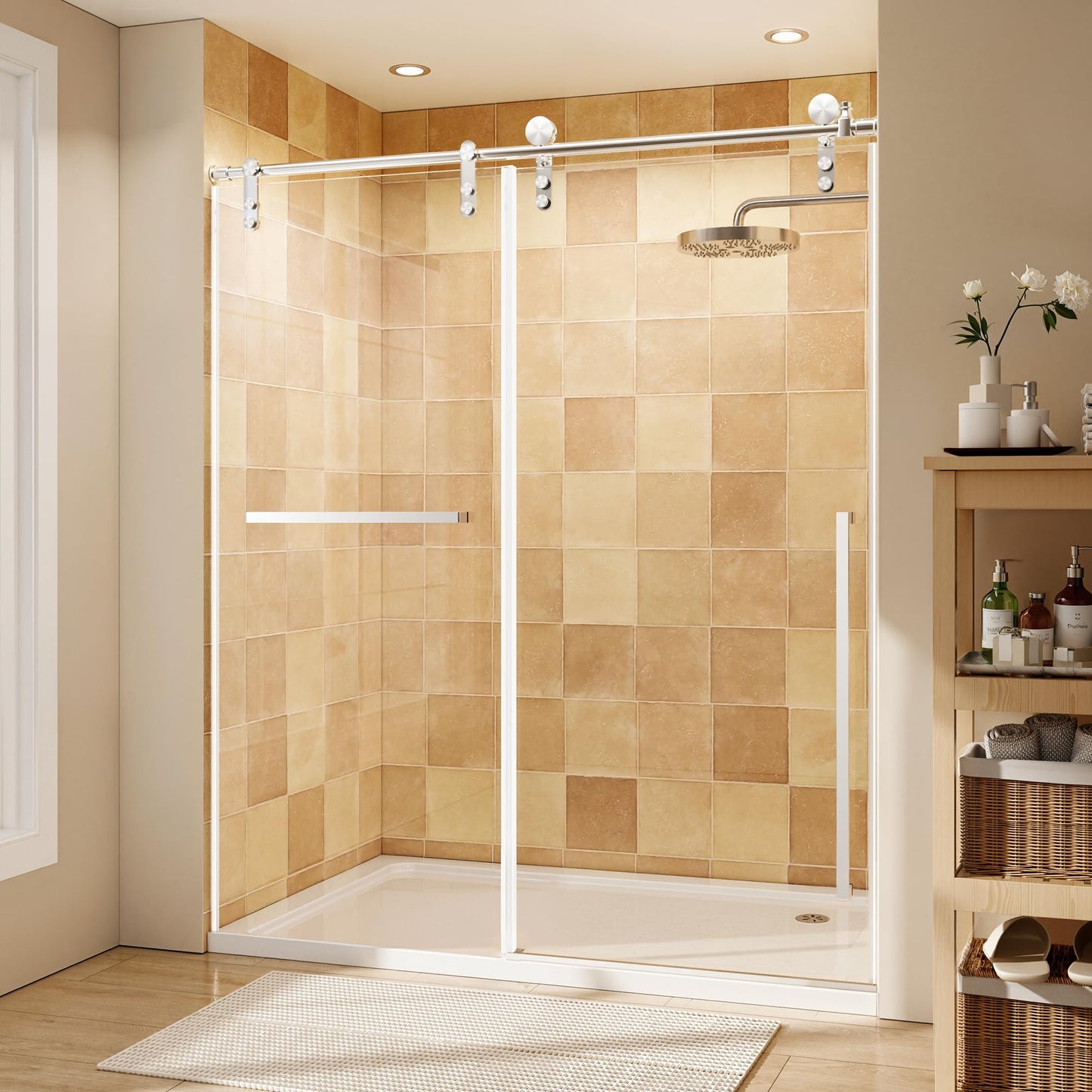 44-48" W x 76" H Glass Shower Door, Frameless Shower Door with 5/16" (8mm) Clear SGCC Tempered Glass, Explosion-Proof Film, Stainless Steel Hardware, Chrome
