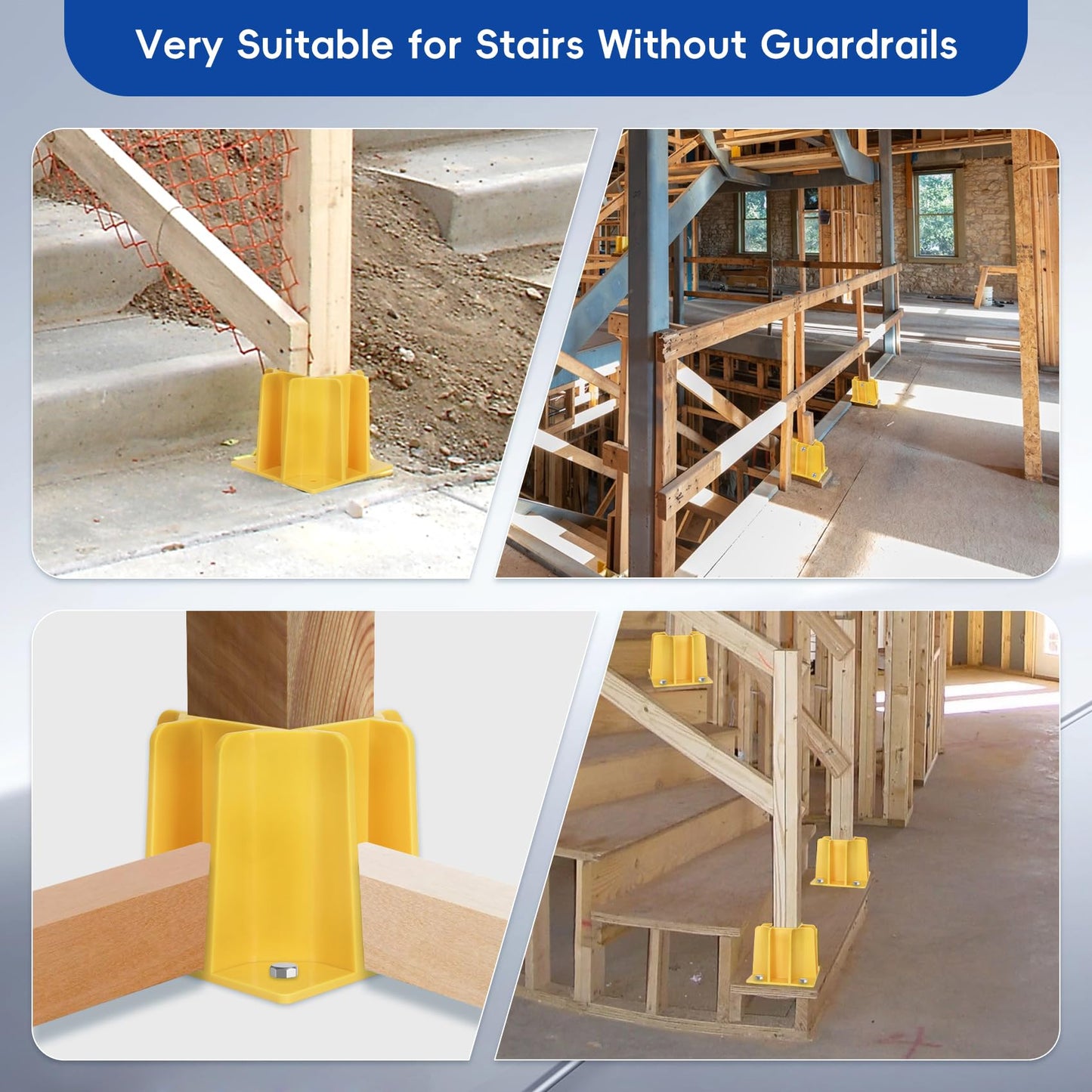 4-Pack Yellow Guardrail Base Boot with Toe Board Slot, Reusable Fall Protection Base for Scaffolding, Temporary Guardrail Systems for Residential and Commercial Construction