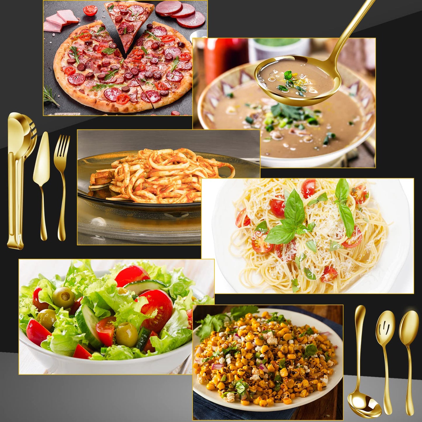Thenshop 30 Pcs Stainless Steel Serving Utensils Set Flatware Set Include Large Serving Spoons Slotted Spoons Forks Soup Ladle Pie Server and Tongs for Buffet Party(Gold)