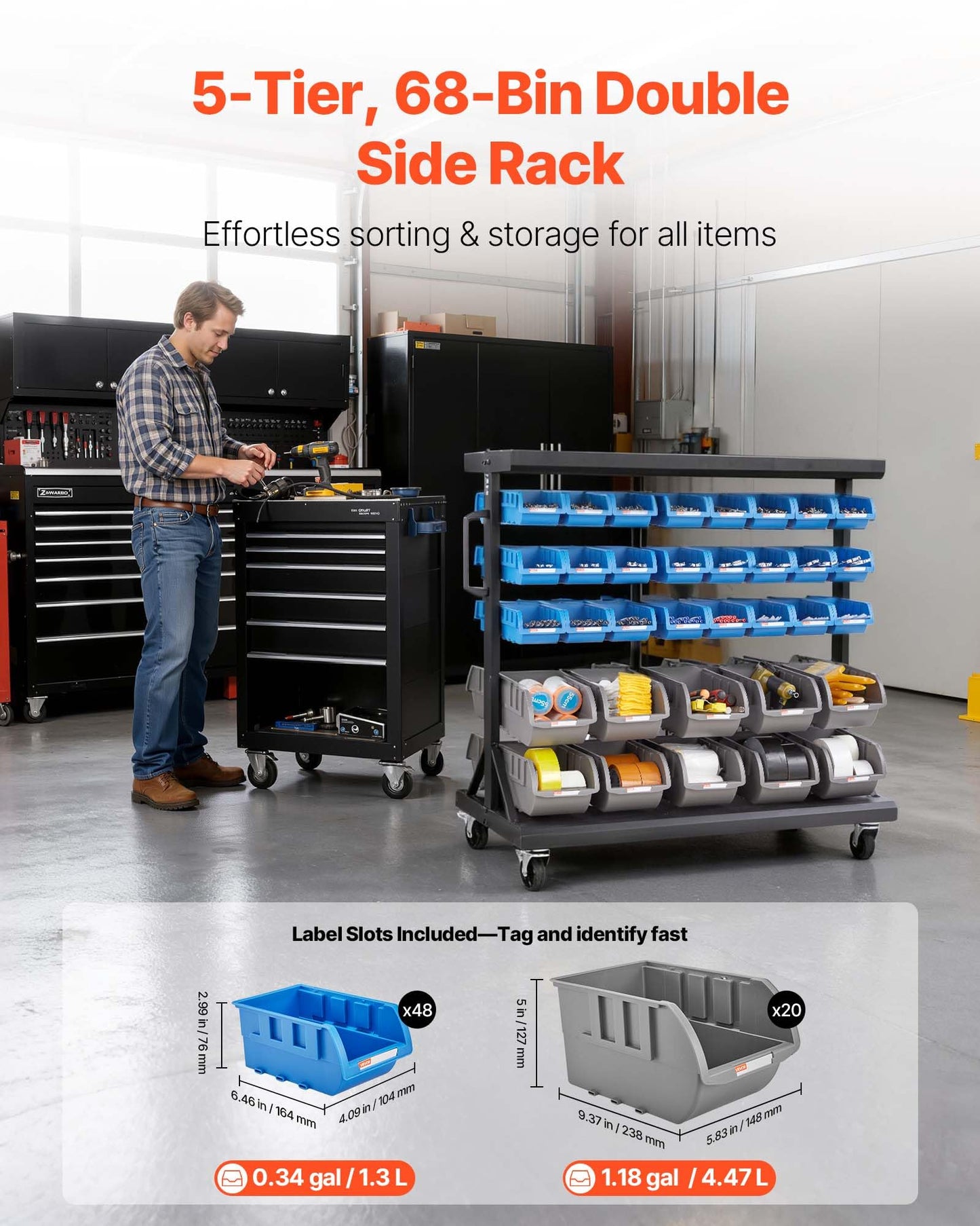 VEVOR 5-Tier Double-Sided Rolling Bin Storage Rack, 68 Plastic Bins, Dual-Sided Parts Organizer with Wheels, Mobile Tool Organizer for Garage, Warehouse, Office, Restaurant, Classroom, Kitchen