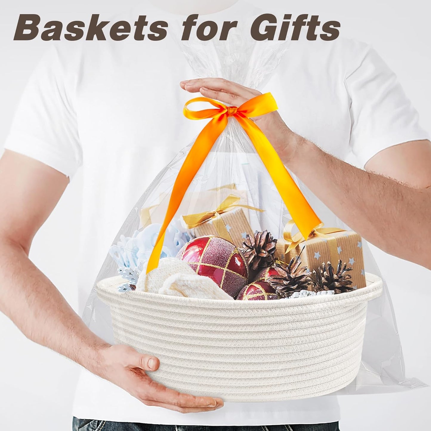Pro Goleem Small Woven Easter Basket - Durable Gift Basket with Ribbons | 12" x 8" x 5" White Storage Basket