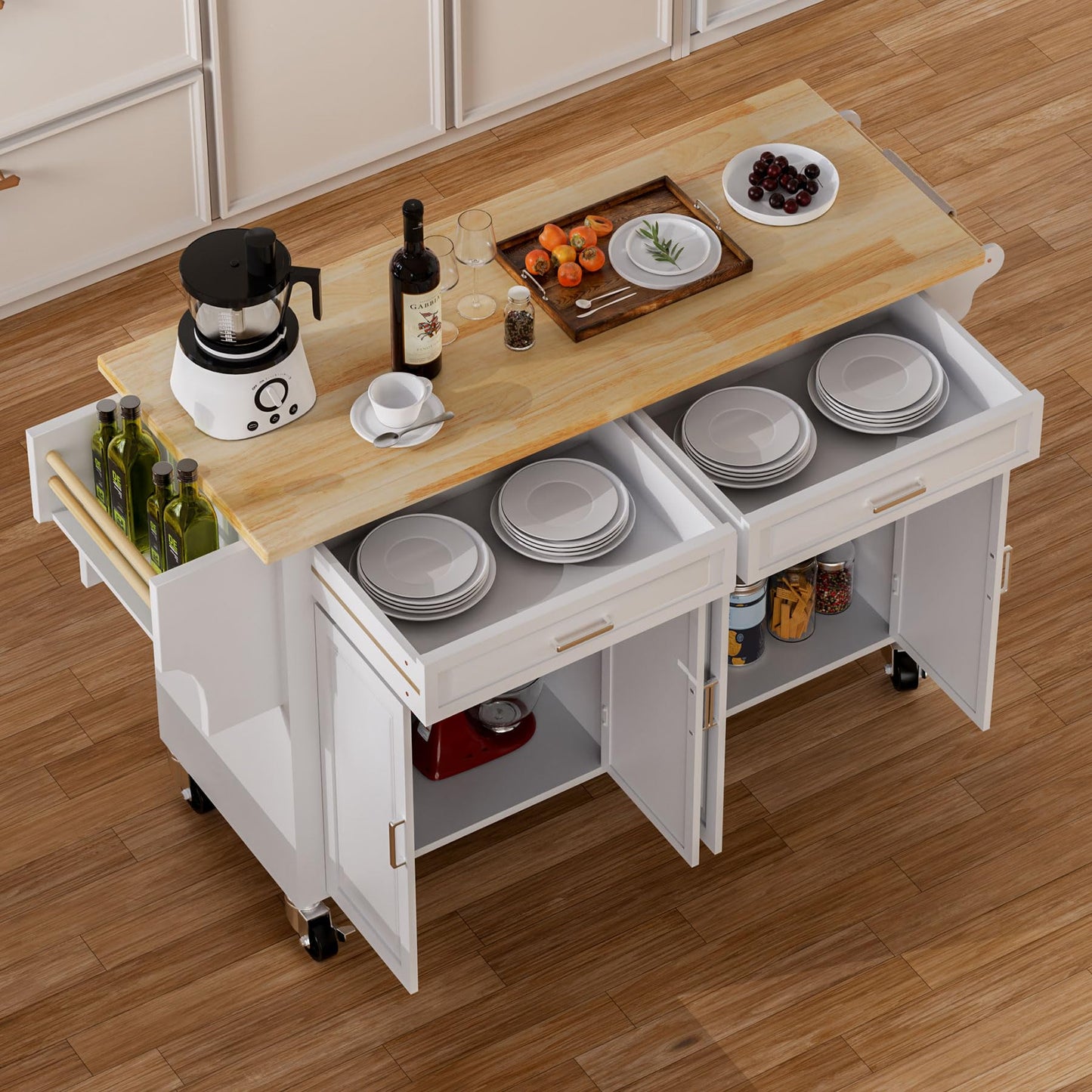 HiDSLiving Kitchen Island with Storage 54" Large Rolling Kitchen Island Cart On Wheels 2 Cabinets 2 Drawers,Spice Towl Rack Mobile Kitchen Table White (No Drop Leaf)