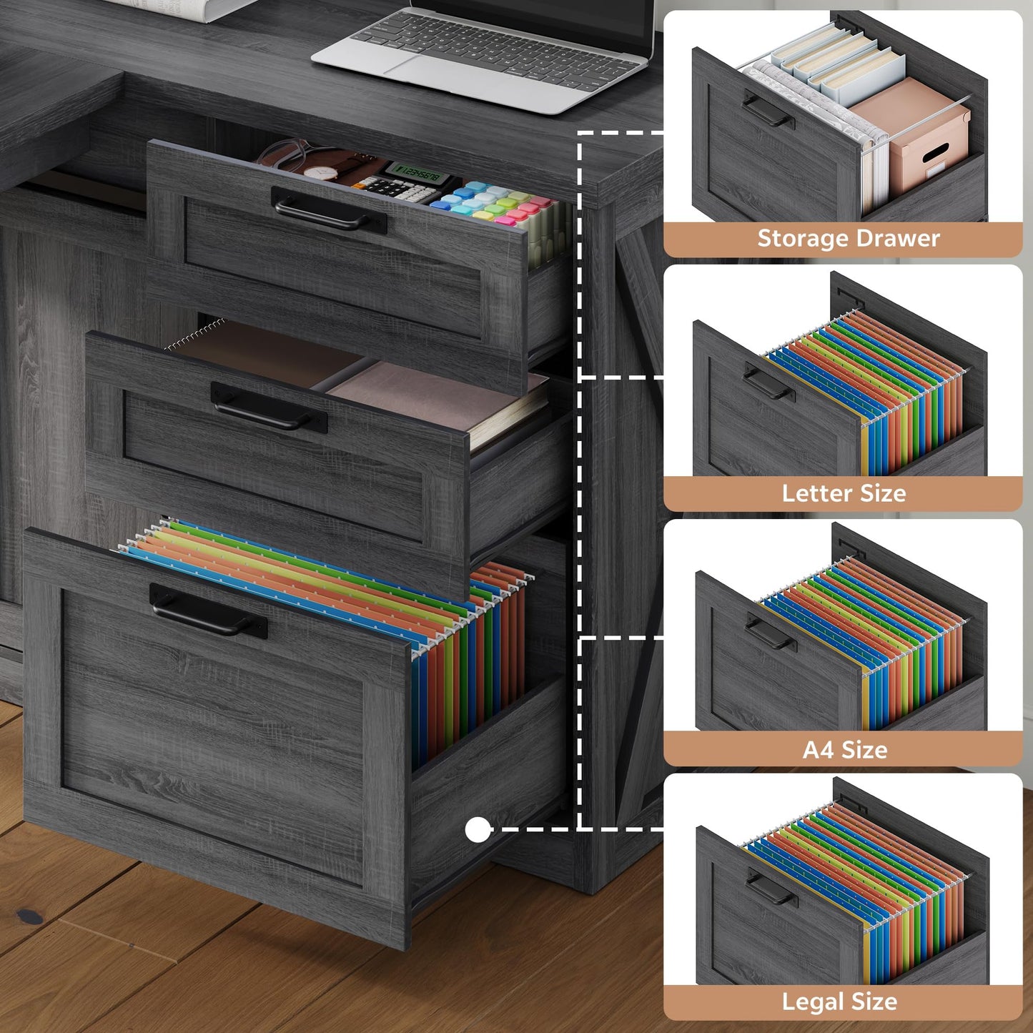 Homiflex 78.7" L Shaped Executive Desk with Drawers and File Cabinet, Farmhouse Large Office Desk with Power Outlets & Sliding Door Storage, Corner Computer Desk for Home Office Gaming, Dark Grey