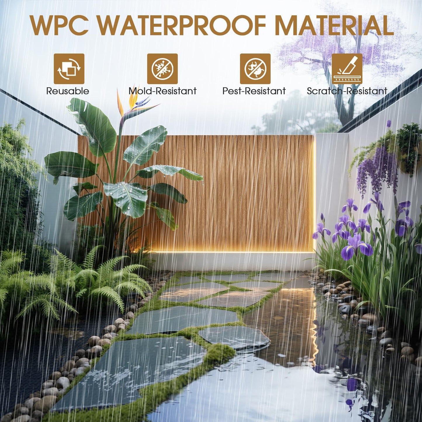LARWORKS WPC Slat Wall Panels 8 Pack 96" x 6.6", Waterproof Fluted Wall Paneling, Accent 3D Wall Panel for Wall Decor, Bathroom, Bedroom, Office - High Grille Elm (Cover Approx.35 sq.ft)