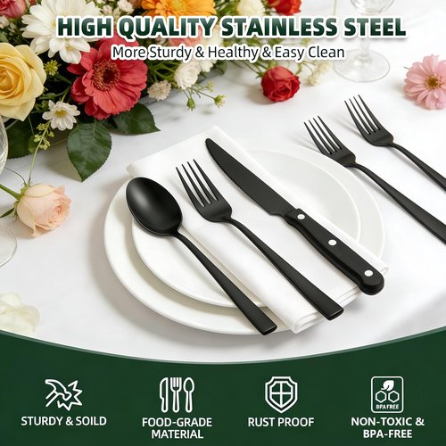 CEKEE 72-Piece Stainless Steel Flatware Set - Elegant Black & Silver Cutlery for 12 | Includes Steak Knives