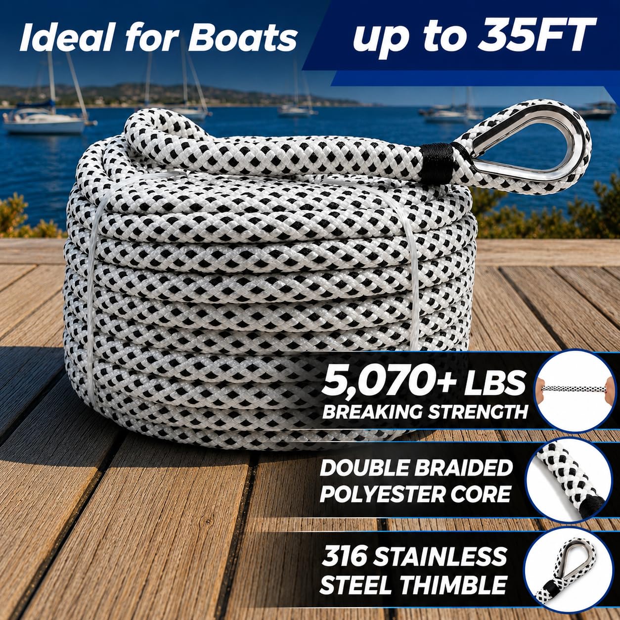 Boat Anchor Line 1/2" x 114 ft for 18–35 ft Boats – Double Braided Polyester Rope with Pre-Spliced Eye & 316 Stainless Steel Thimble, Marine Anchor Rope for Saltwater & Lake Use