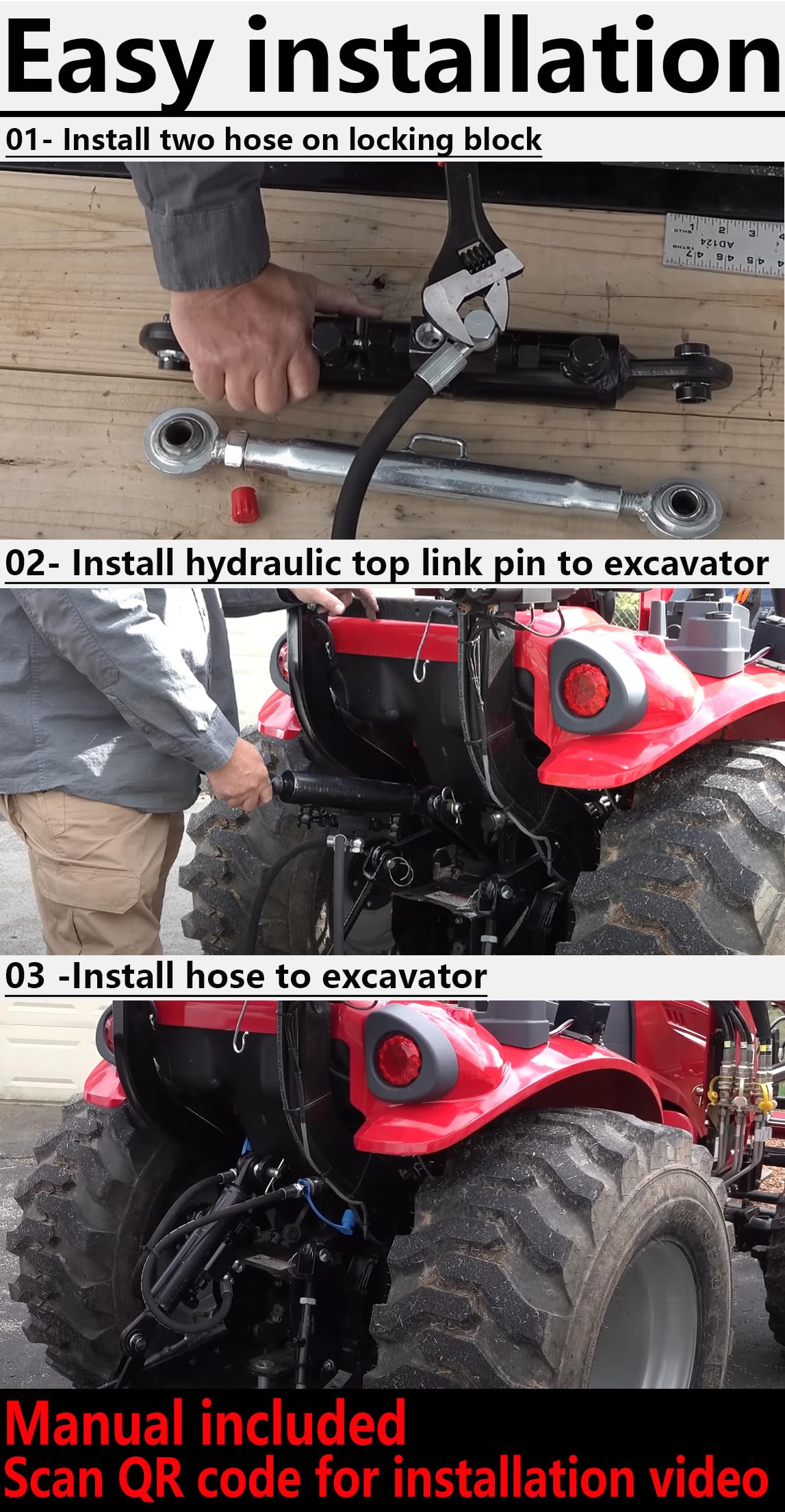 Hydraulic Top Link Cat. 1-1 18 1/8” – 26 3/8” with Locking Block and 2 x Hoses，SPH320032 for Tractor Excavators and Class 1& 2 Equipment