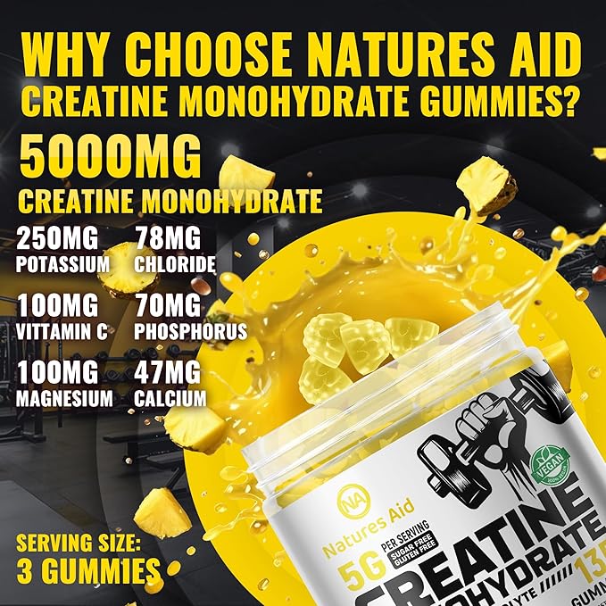 Creatine Monohydrate Gummies (5g) – Pre-Workout Energy & Muscle Growth Support for Men & Women | Pineapple Electrolyte Gummies (135 Count)