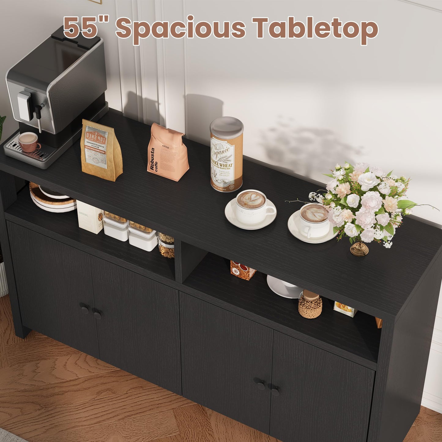 Garvee Buffet Sideboard with Storage, 4 Doors & Adjustable Shelves, 55'' Large Farmhouse Kitchen Storage Cabinet Wood Coffee Bar Cabinet for Kitchen, Dining Room, Entryway, Living Room, Black